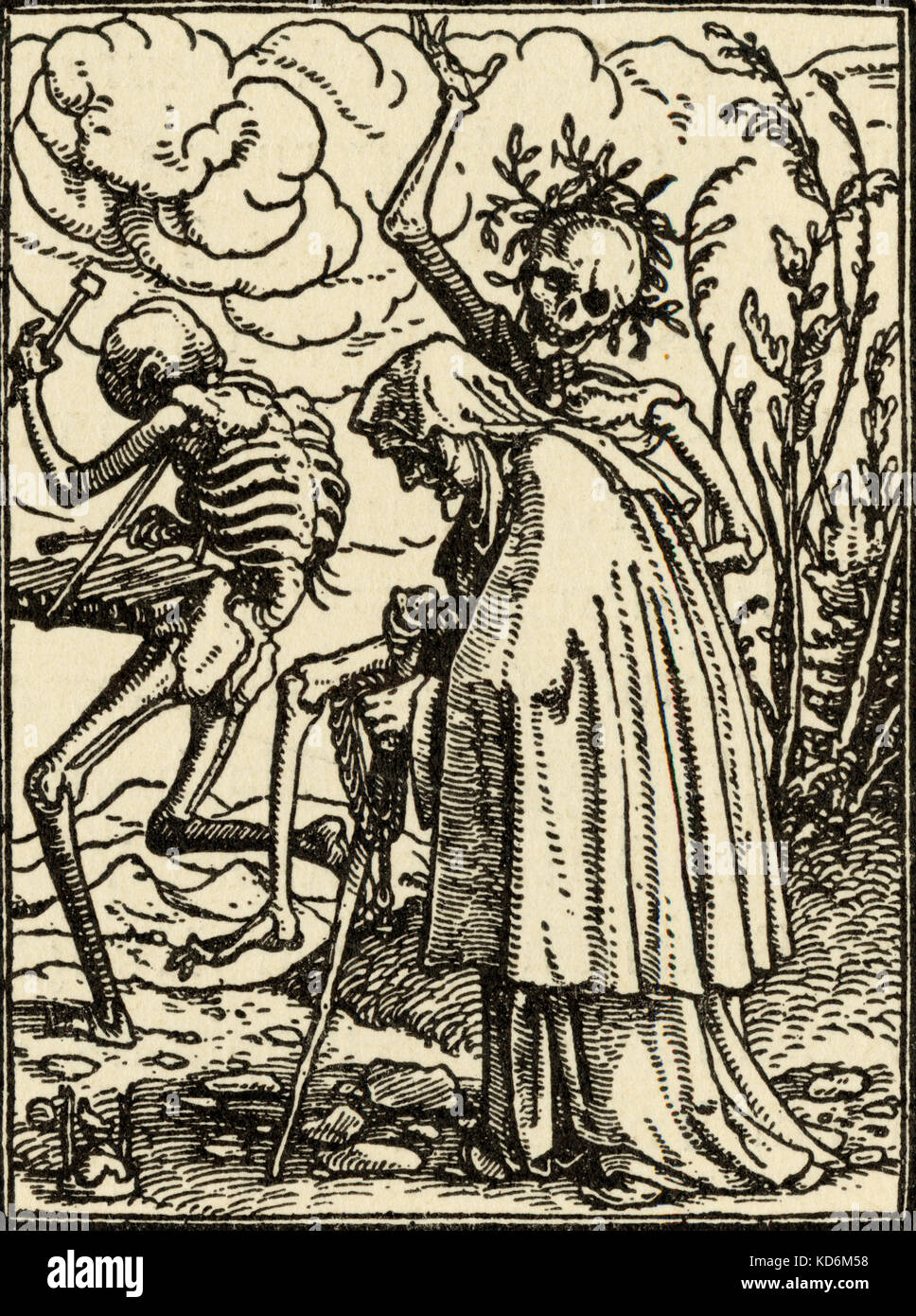 Holbeins "Tanz des Todes" zeigt der Tod spielt Xylophon. Skelette. Gravur C. 1538, 16. Jahrhundert Renaissance. Stockfoto