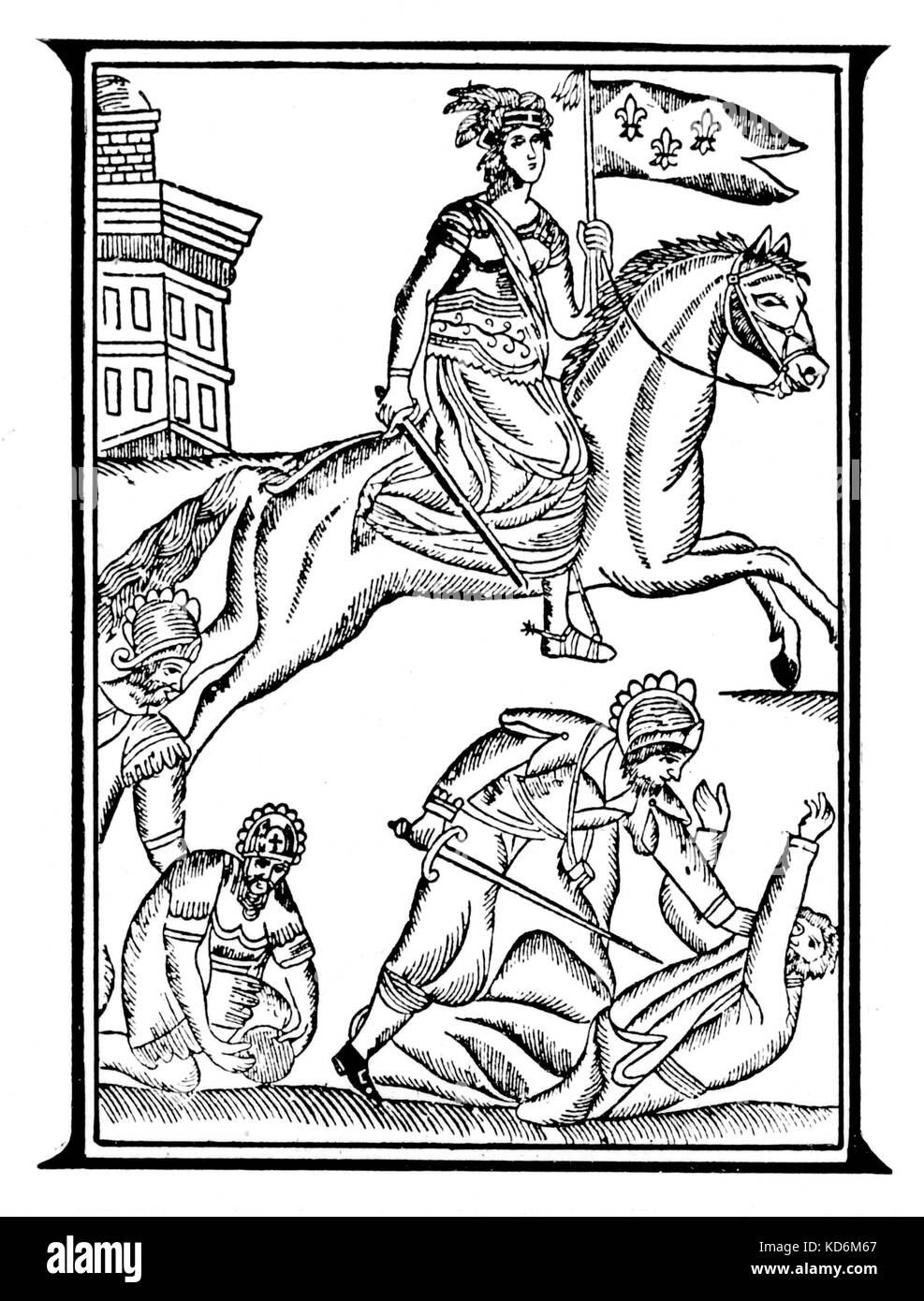 Jeanne d'Arc - Jeanne d'Arc - inspirierende der französischen Armee. Französische weibliche Patriot gegen Englische Armee, auf dem Scheiterhaufen für Hexerei verbrannt. 6. Januar 1412 bis 30. Mai 1431. Stockfoto