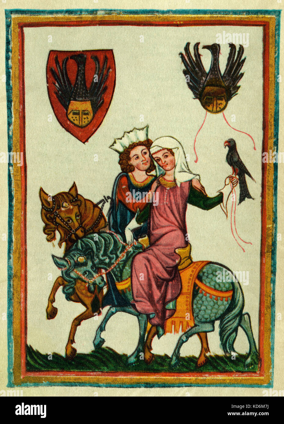 Mann und Frau auf dem Pferd mit Falcon im Mittelalter. Bildunterschrift lautet "kunig Thunrat "der Junge". Minnesänger Quelle. Adel Stockfoto