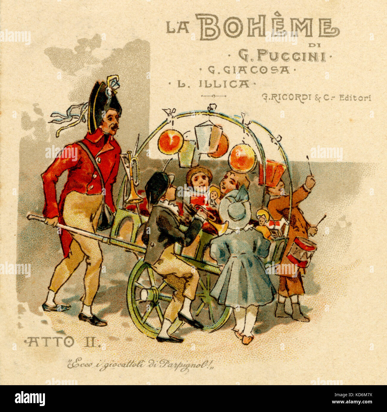 Abbildung für Puccinis "La Bohème", Act II. Kinder spielen Instrumente (Trompete, Trommel) um Warenkorb durch französische Soldaten geschoben. Laternen. Bildunterschrift lautet: "Hier kommen die Spielzeug von Parpignol!" Postkarte veröffentlicht durch Ricordi. Italienischer Komponist, 1858 - 1924. Stockfoto