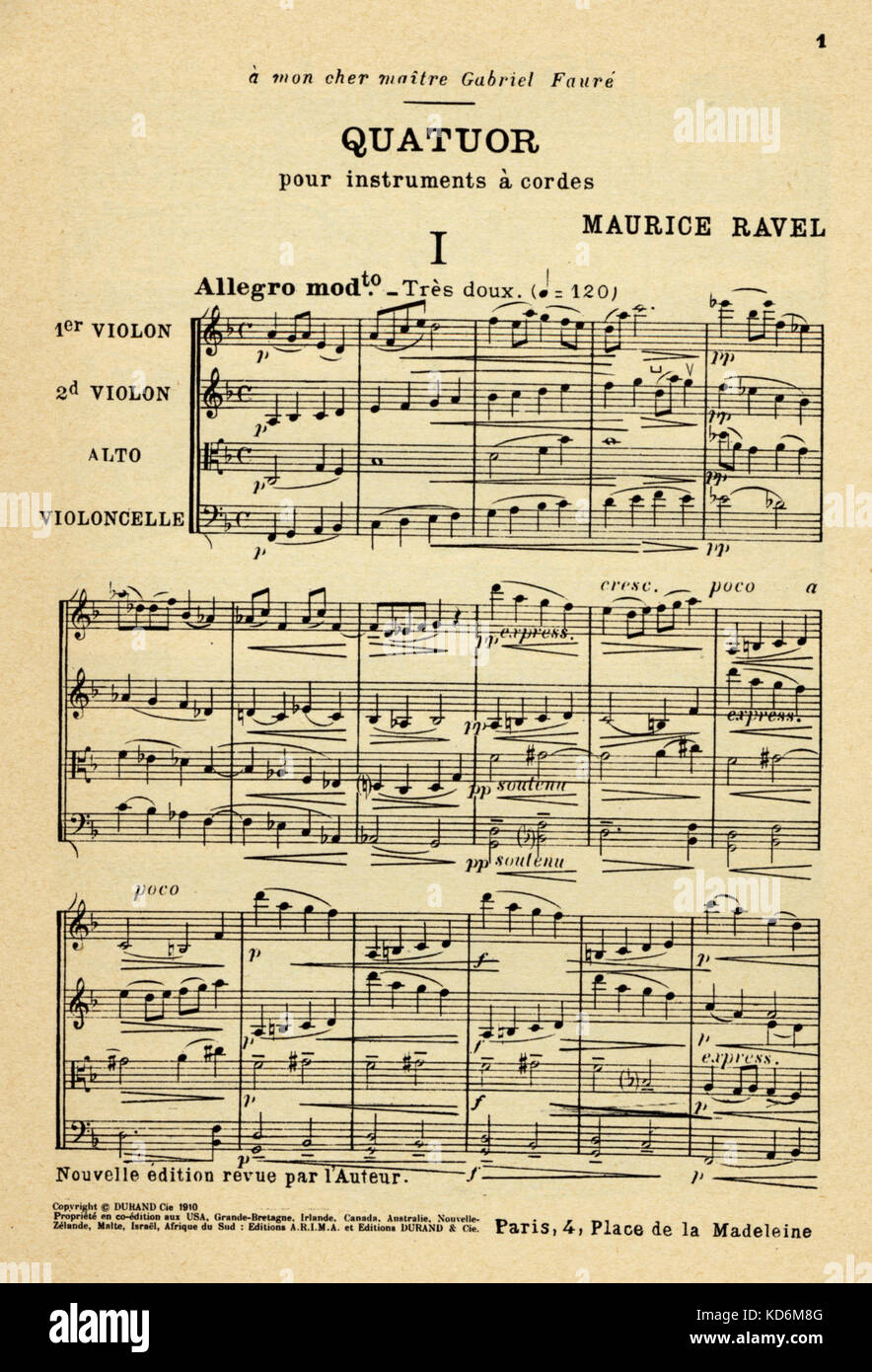 Maurice Ravels "Quatuor pour 2 Violinen, alto et violoncelle". Öffnung Kerbe. Der französische Komponist vom 7. März 1875 - 28. Dezember 1937 Stockfoto
