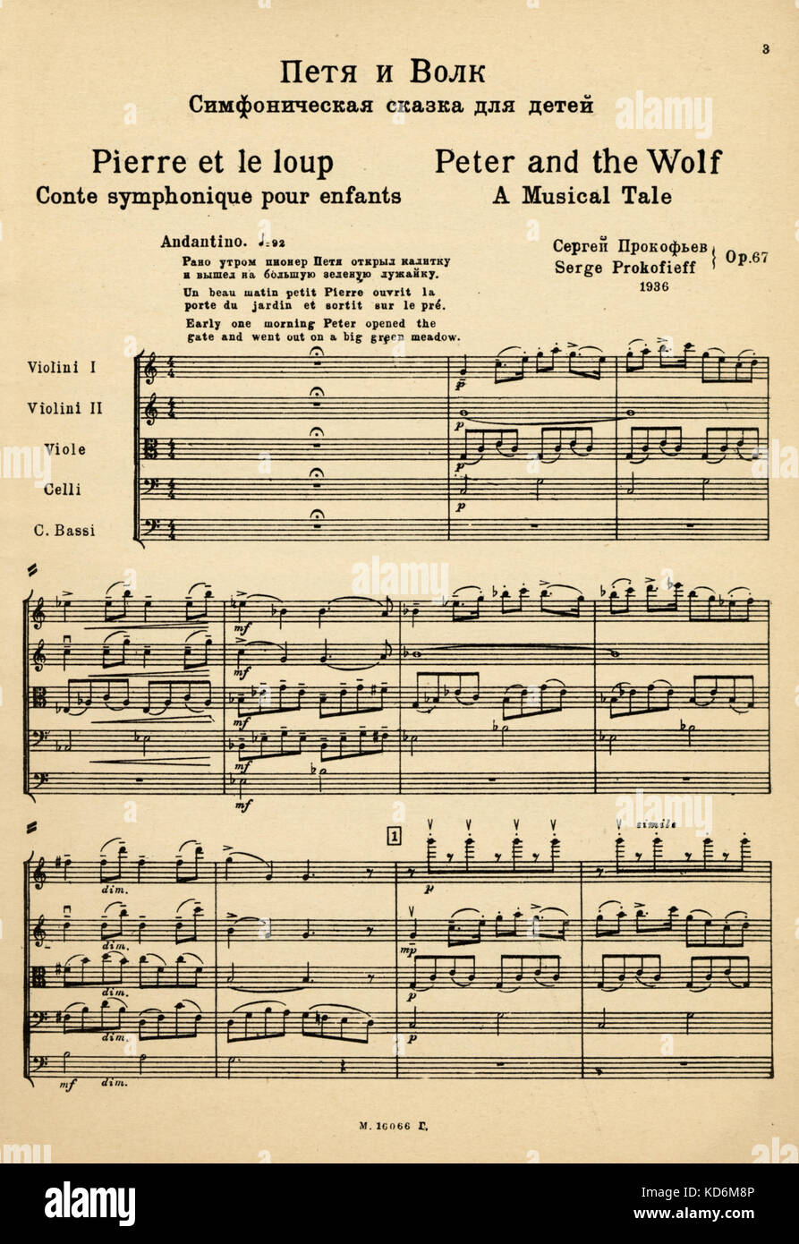 Ergebnis aus Eröffnung des symphonischen Sergej Prokofjews Konzert für Kinder "Peter und der Wolf". Text in Französisch, Englisch und Russisch. Prokofjew: russischer Komponist, 1891-1953 Stockfoto