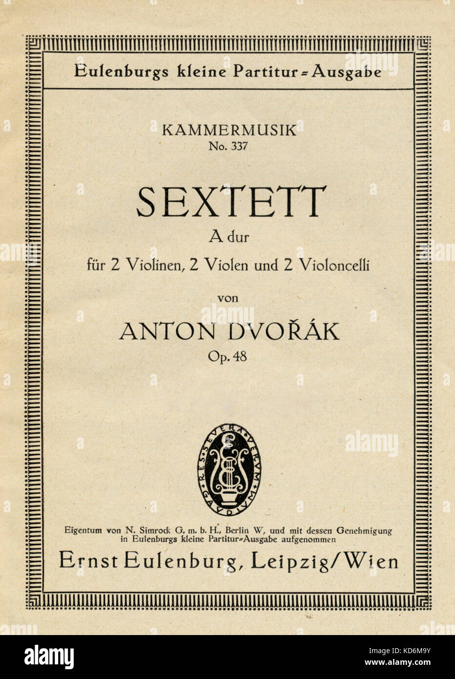 Antonin Dvorak - score Abdeckung für Sextett/Automobile für zwei Violinen, 2 Violen, 2 Violoncelli in A-Dur, Opus 48. Tschechische Komponist, 8 September 1841 - 1. Mai 1904. Ernst Eulenburg, Leipzig/Wien Stockfoto