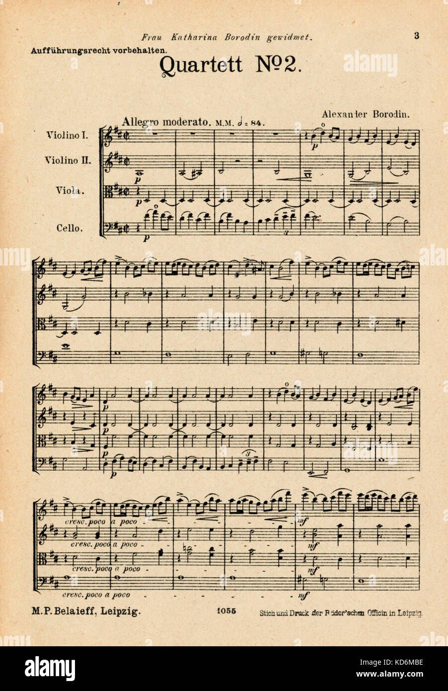 Alexander Borodin - öffnung Seite der Kerbe für Streichquartett in D-Dur Nr. 2. Russische Komponist & Chemiker, 12. November 1833 - vom 27. Februar 1887. Für 2 Violinen, Viola und Cello. Für Madame Catherine Borodin. M.P. BELAIEFF, Leipzig, 1894 Stockfoto