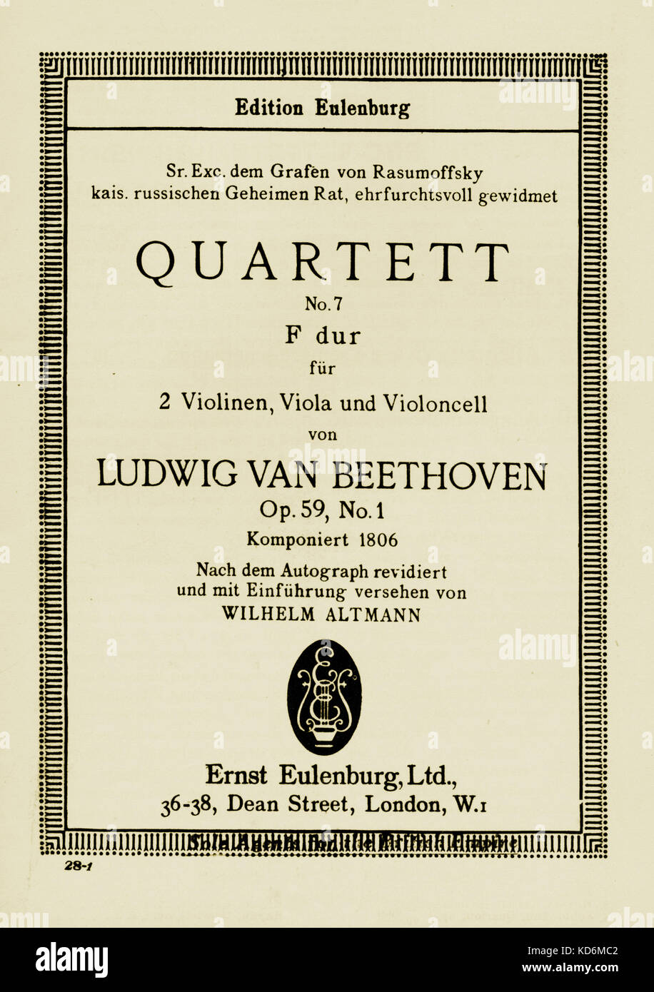 Ludwig van Beethoven - Titelseite der Score für Streichquartett Nr. 7 in F-Dur, Opus 59 Nr. 1. Deutsche Komponist, 17. Dezember 1770 - vom 26. März 1827. Für 2 Violinen, Viola, Cello. Graf von Razumovsky gewidmet. Ernst Eulenburg, Leipzig, 1911 Stockfoto