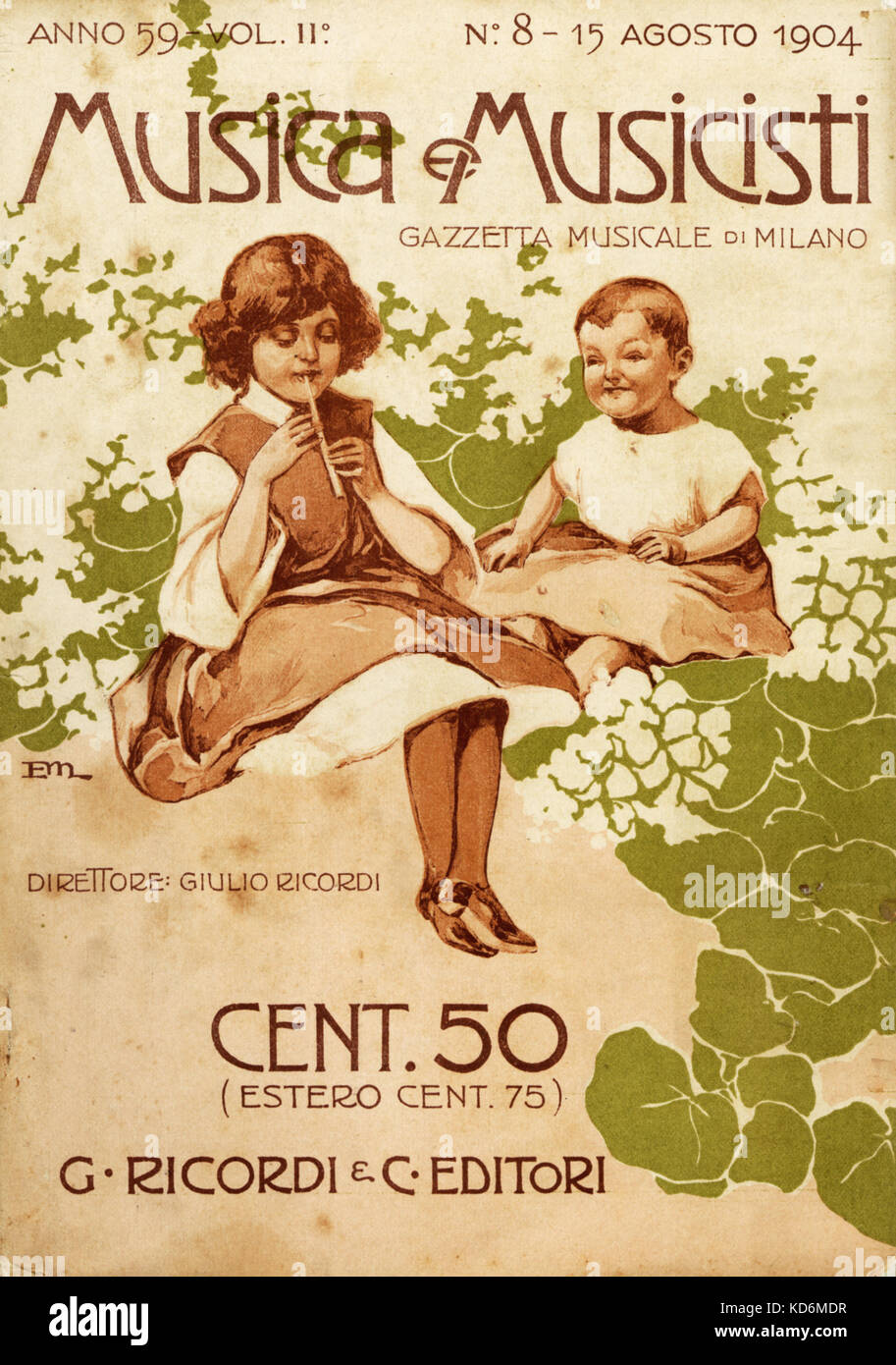 Abdeckung des 20. Jahrhunderts italienische Musik Magazin, "Musica e Musicisti", die musikalische Zeitung von Mailand, mit zwei Kindern im typischen 1900er Jahre Stil, ein Mädchen spielen auf dem Recorder. Stockfoto