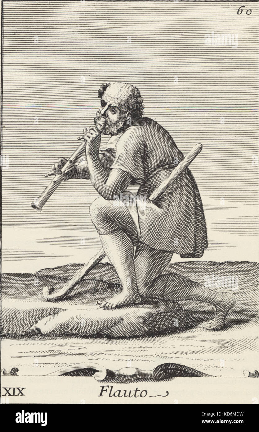 Mann spielt der Recorder, Gravur C. 15. Jahrhundert. Sehr frühe Art der Schreiber durch Hotteterre Typs ersetzt. Von Bonnani des Gabinetto Armonico 1723 Kupferstich von Arnold Van Westerhout Stockfoto
