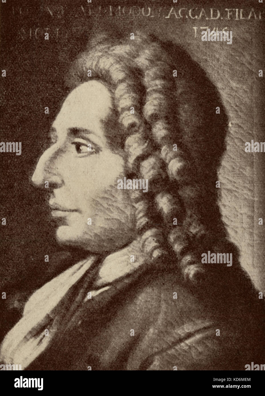 Tomaso Vitali, manchmal auch 'Vitalino' - Portrait. Direktor von Musik an den Herzog von Modena. Italienischer Komponist. Vom 7. März 1663 - 9. Mai 1745. Stockfoto