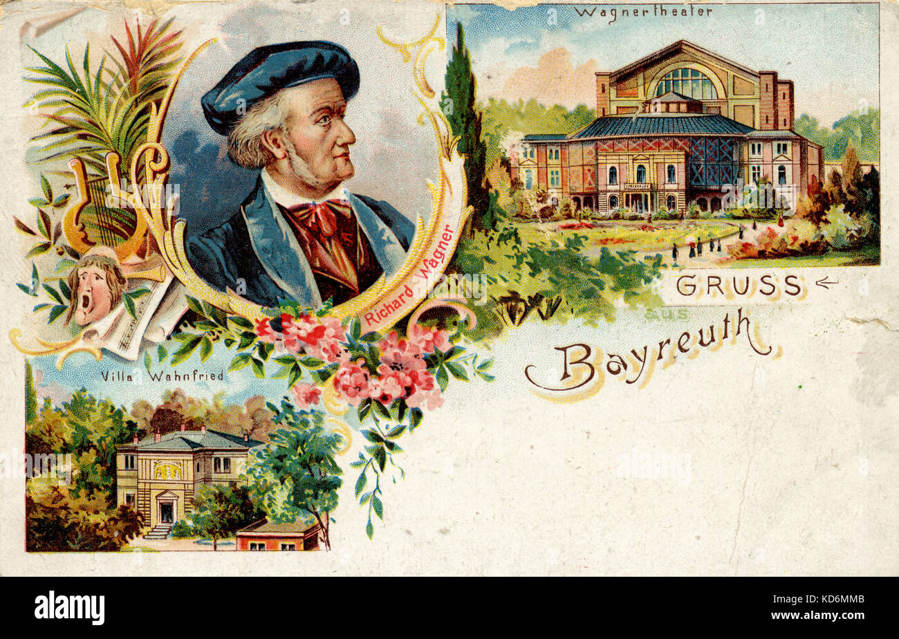 Richard Wagner in Bayreuth mit Festspielhaus/Festival Haus und Villa Wahnfried. Postkarte. Deutsche Komponist & Autor, 22. Mai 1813 - vom 13. Februar 1883. Stockfoto