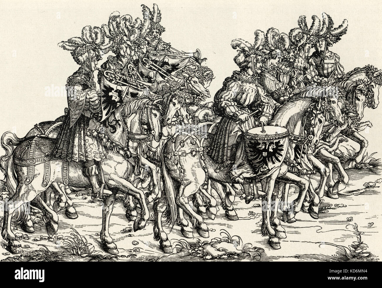 Triumph von Maximilian, C. 1516 - sackbutts und Schalmeien. Künstler: Hans Burgkmair (1473-1531). Militärische Prozession der frühen Musik Instrumente gespielt wird. Stockfoto