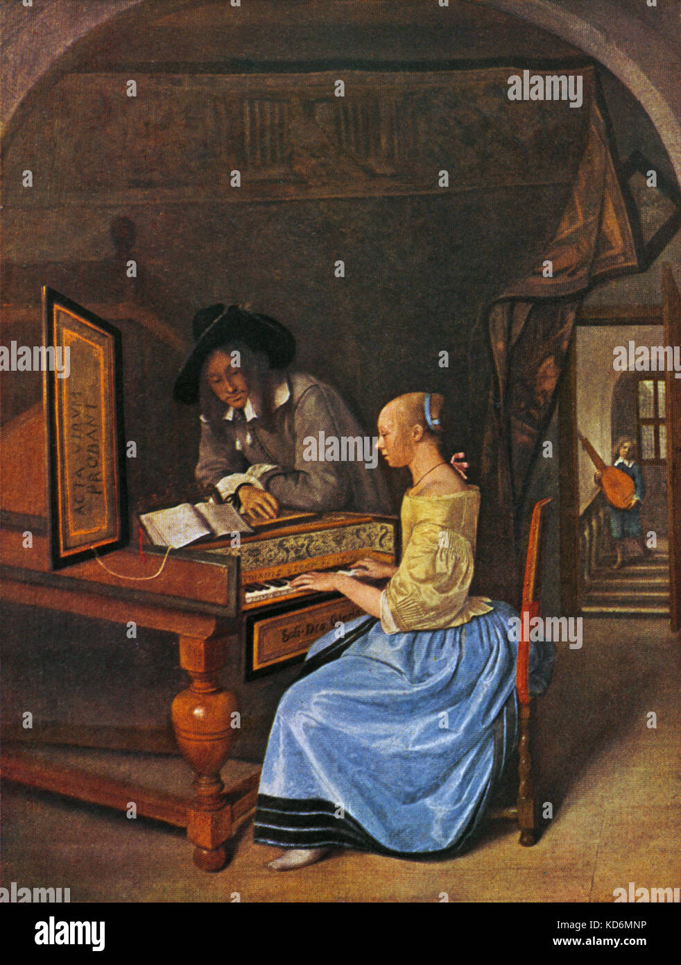 Die Musik Master, Gemälde von Steen. Frau spielen Piano Forte. Theorbe im Hintergrund. Stockfoto