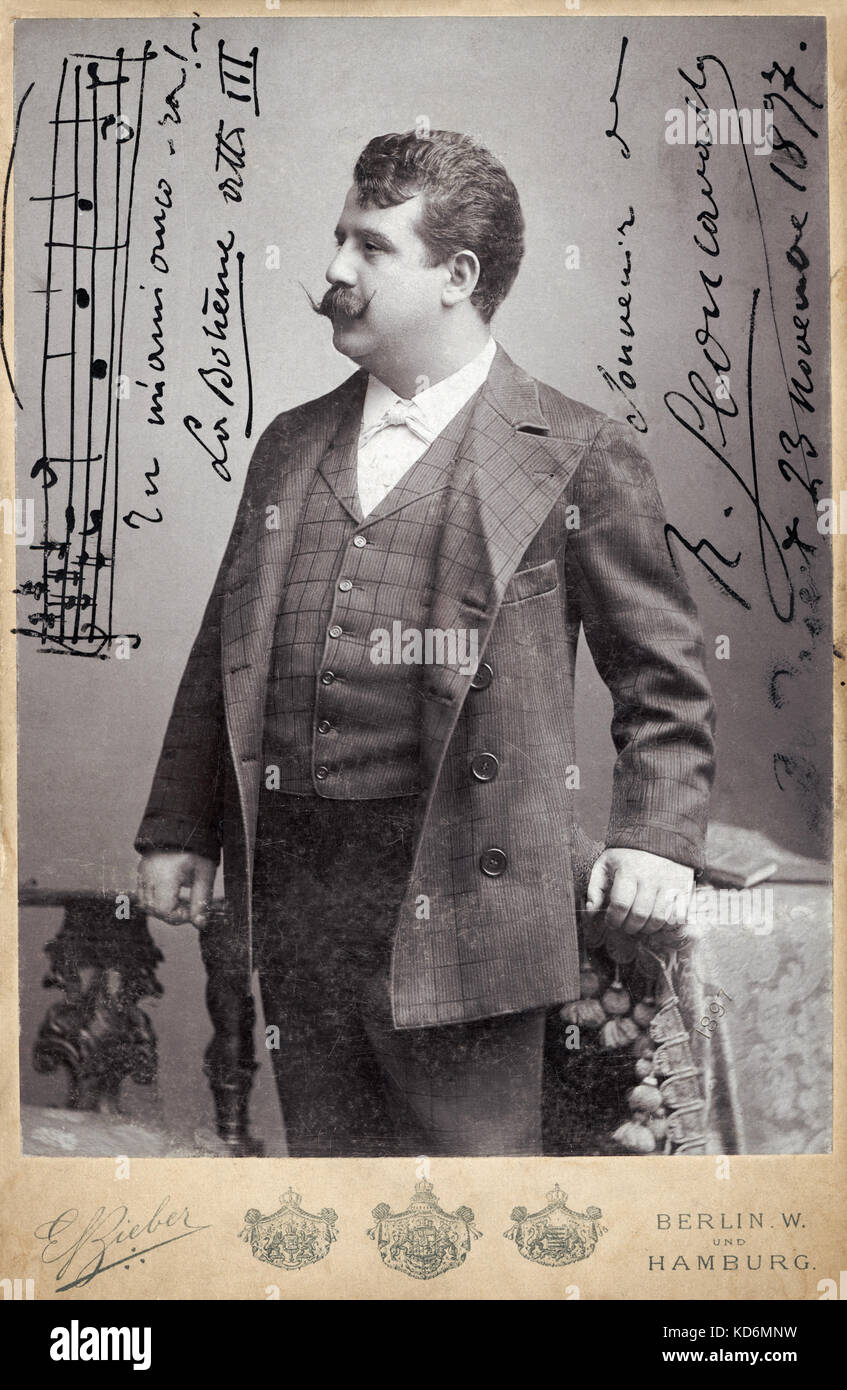 Ruggiero Leoncavallo, Porträt 1897. Italienischer Komponist, 23. April 1857 - 9. August 1919. Autogramm/Handschriftliche bar aus seiner Oper La Bohème. Kabinett Foto. Stockfoto