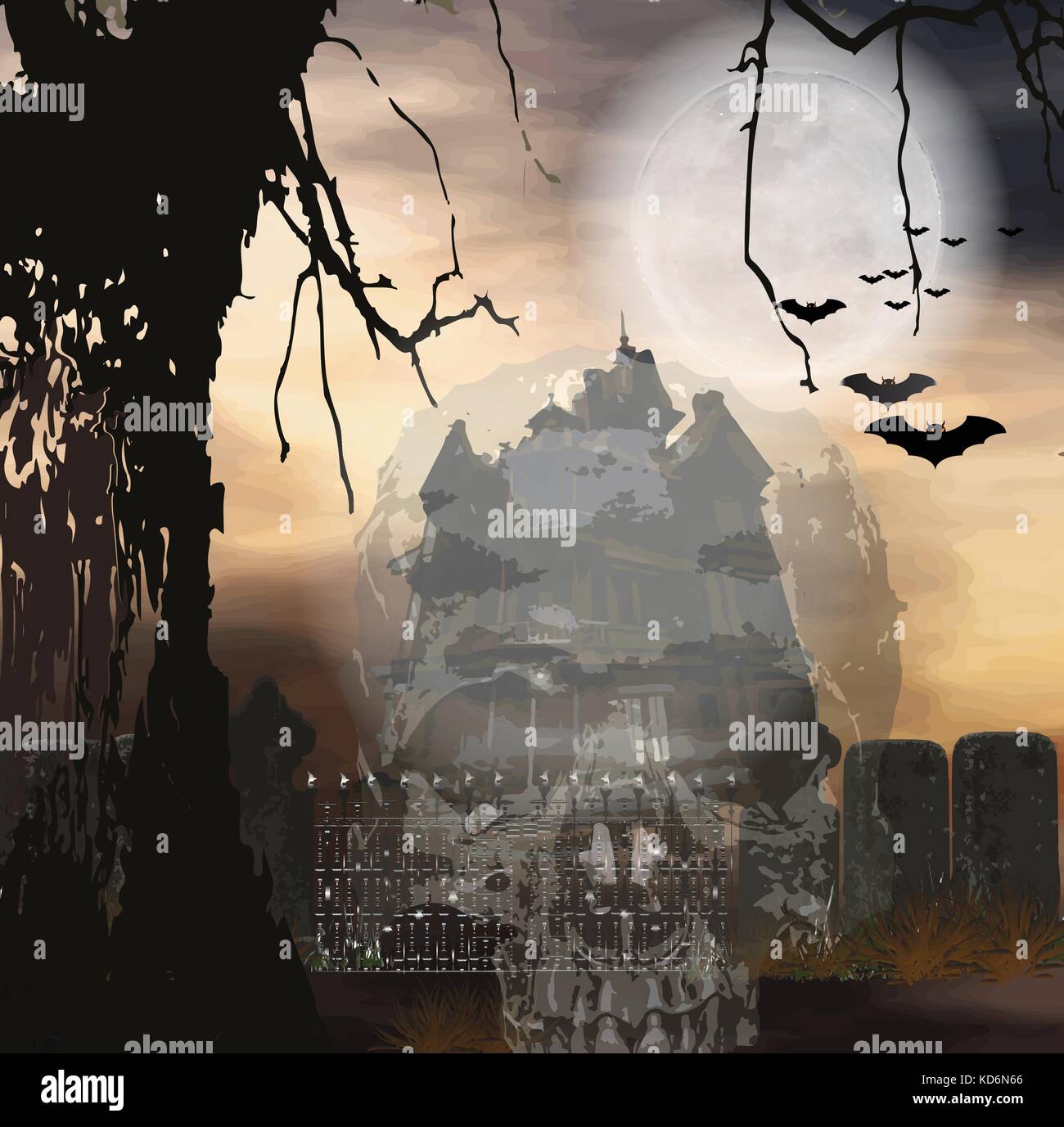 Halloween Hintergrund auf dunkle Nacht, Dämmerung mit Vollmond Kulisse, Friedhöfe, unheimlich und Stille, auf Müde Felder Kreuz, haunted castle, toter Baum Stock Vektor