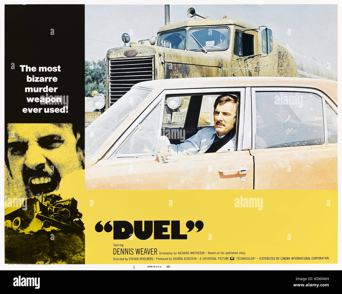 Duell (1971) unter der Regie von Steven Spielberg und Hauptdarsteller Dennis Weaver, Jacqueline Scott, und Eddie Firestone. Der schlimmste Fall von "Road Rage", einem psychopathischen Fahren eines Lkw terrorisiert und versucht, eine unschuldige Unternehmer in der Wüste zu töten. Stockfoto