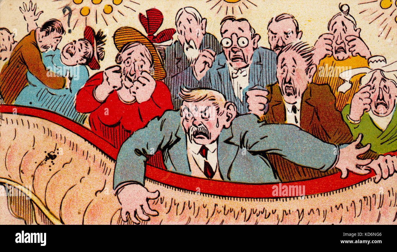 "Am Theater - ein schreckliches Drama" - humorvolle Französische Postkarte, die das Publikum in Balkon Sitze im Theater und schockiert über das, was sie auf der Bühne sehen entsetzt Stockfoto