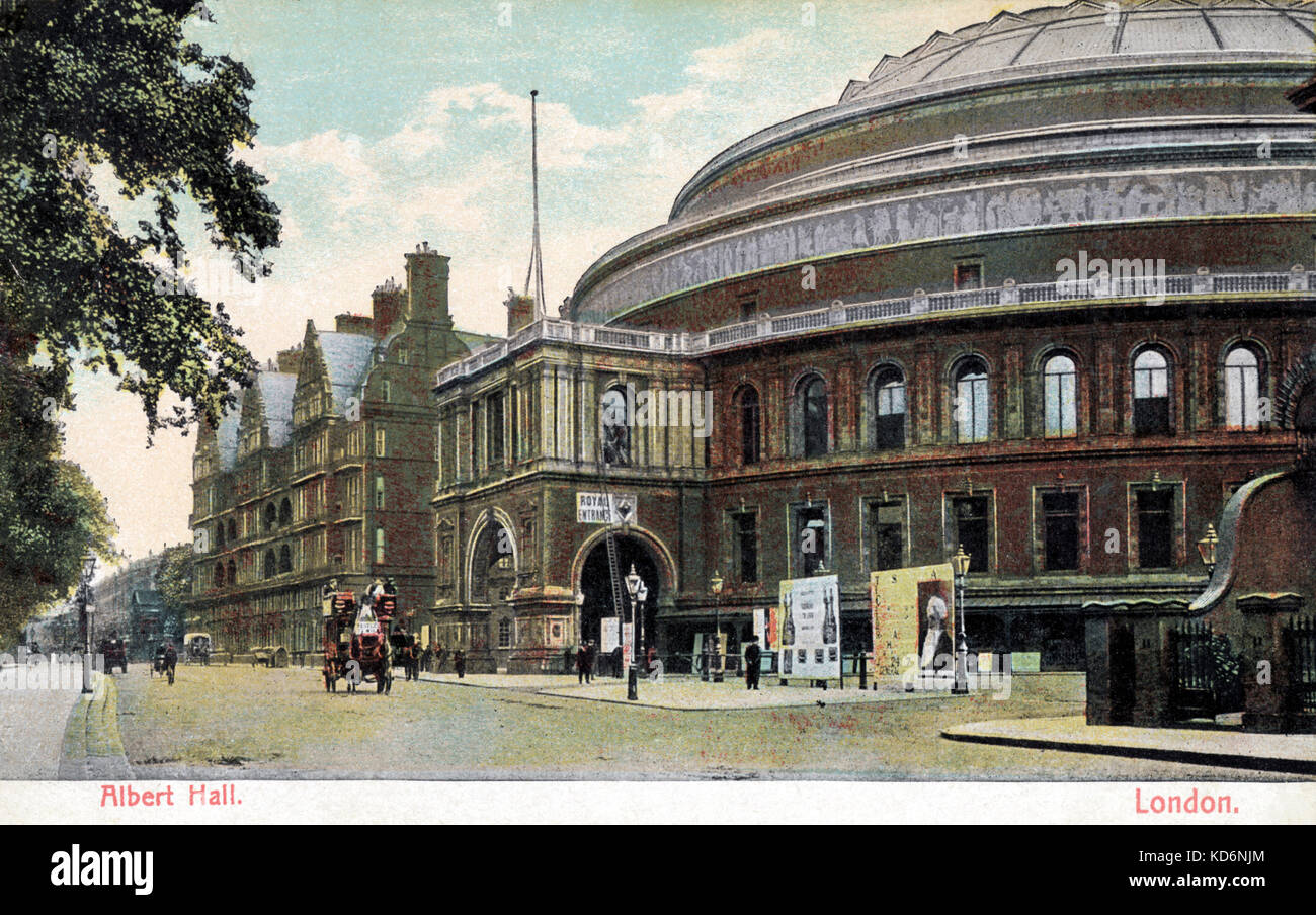 LONDON - Royal Albert Hall Fassade aus dem frühen 20. Jahrhundert. Pferde und Wagen. Stockfoto