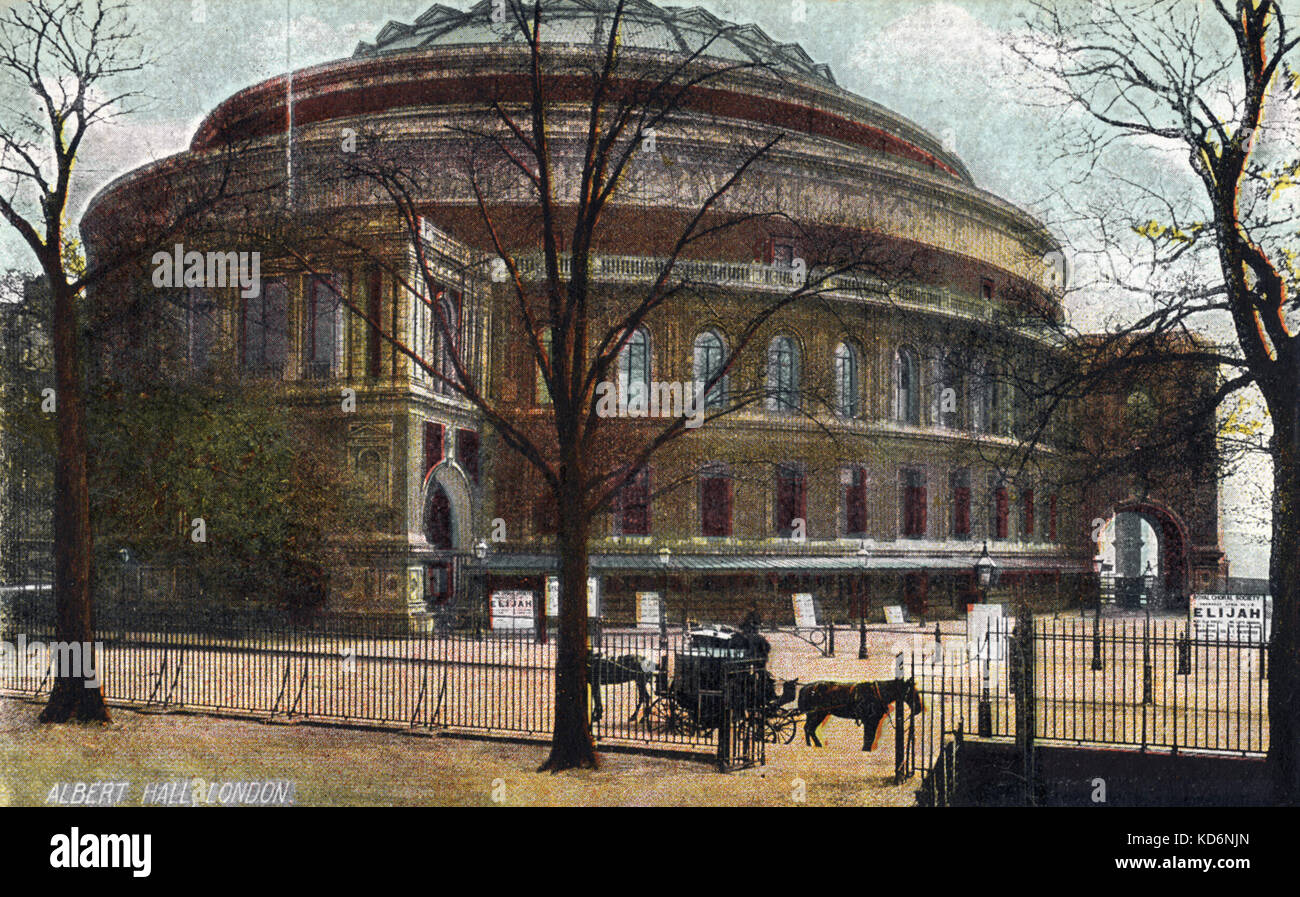 LONDON - Royal Albert Hall Äußere seitliche Ansicht des frühen 20. Jahrhunderts. Pferde und Wagen. Plakat für die Leistung von Elijah. Stockfoto