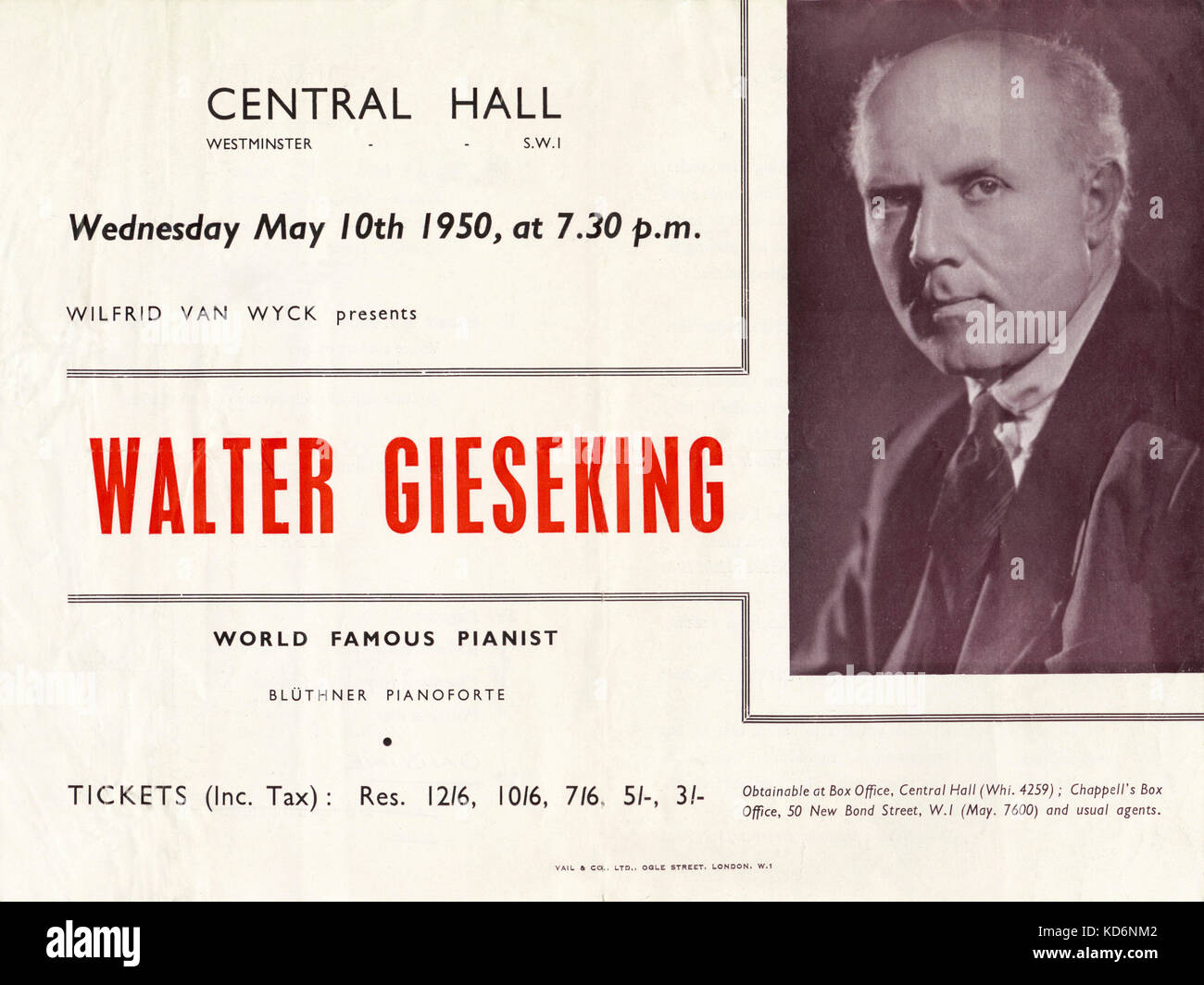 GIESEKING, Walter - Portrait Poster Werbung Konzert - deutsche Pianist 5 November 1895 - 26. Oktober 1956 Stockfoto