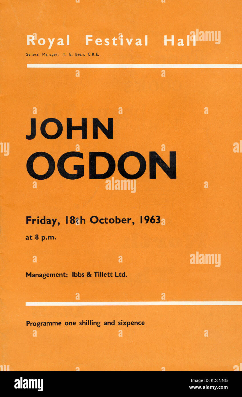 John Ogdon, Abdeckung der Konzert Programm für London Royal Festival Hall Performance, 18. Oktober 1963. Britische Pianist 1937-1989. Stockfoto