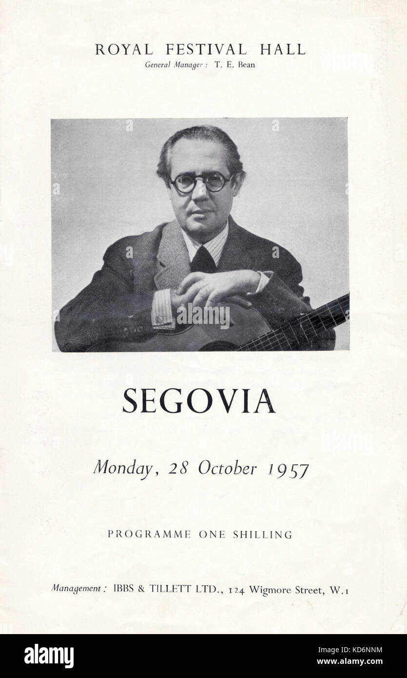 Andres Segovia, Spanischer Gitarrist. Foto auf der Abdeckung der konzertprogramm, London Royal Festival Hall, 28. Oktober 1957. Februar 17, 1893 - Juni 3, 1987. Stockfoto