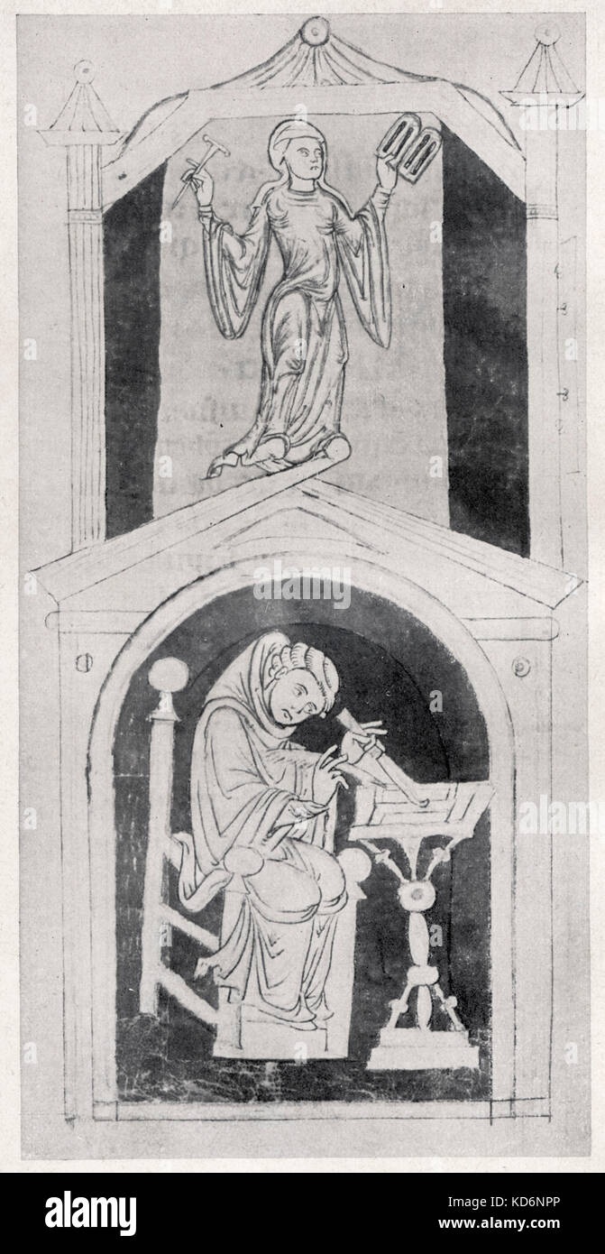 HILDEGARD von Bingen, Heilige. Anregenden Mönch zu schreiben.. Abbildung aus dem Codex Salemianus 9, 16 Liber Scivias. Deutsche Äbtissin und Musiker (1098-1179) schrieb Sie monophone Musik für die Kirche, zeigt einige Abweichungen von traditionellen plainsong Stil. Stockfoto