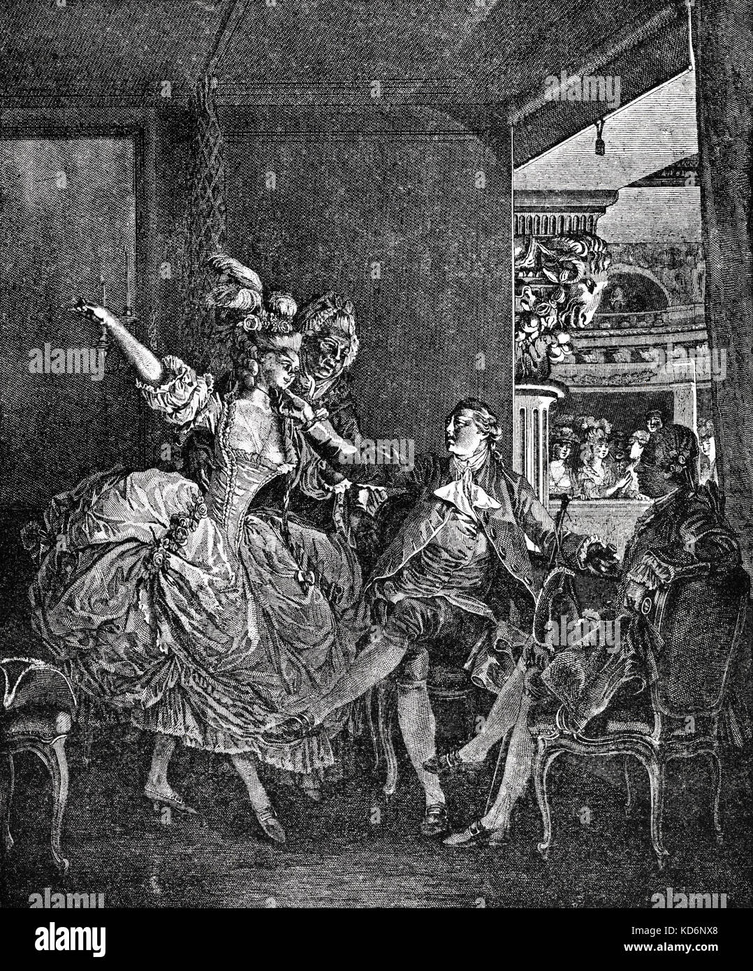 La Petite Loge - das Theater. Schauspielerin/Performer zu zwei Herren von älteren Frau vorgestellt. Typische Mode des 18. Jahrhunderts. Rokoko. Kupferstich von Moreau. Hose, Mantel. Ancien Régime Stockfoto La Petite Loge - das Theater. Schauspielerin/Performer zu zwei Herren von älteren Frau vorgestellt. Typische Mode des 18. Jahrhunderts. Rokoko. Kupferstich von Moreau. Hose, Mantel. Ancien Régime Stockfoto