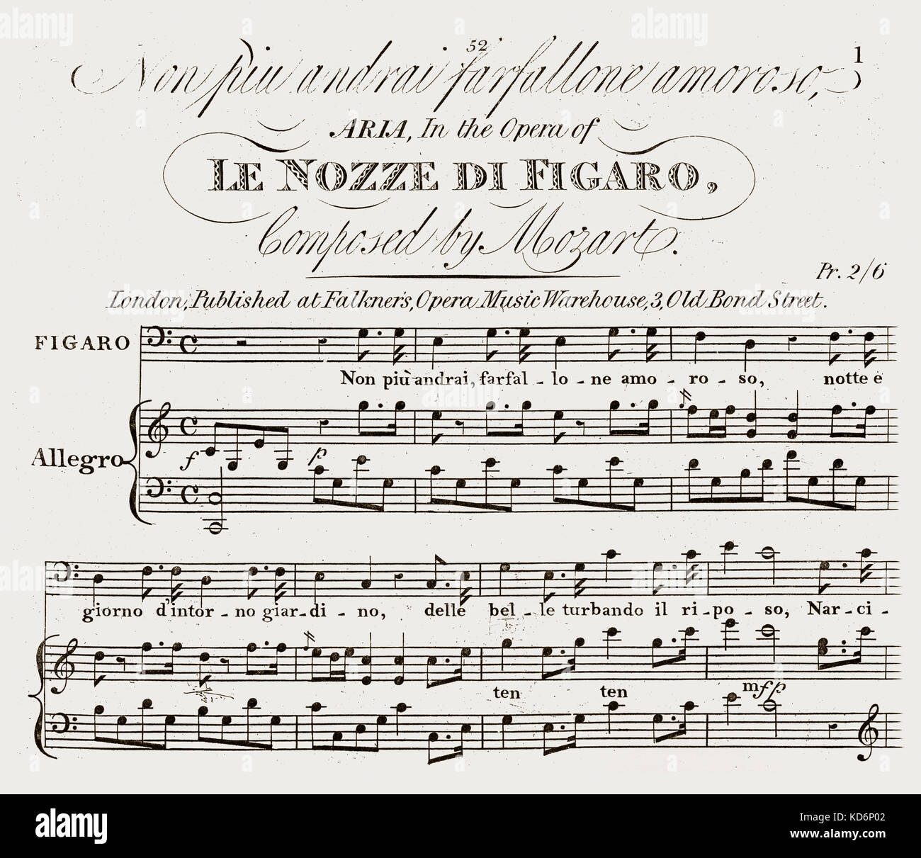 Von Wolfgang Amadeus Mozarts Die Hochzeit des Figaro (Le nozze di Figaro) - Aria beginnend mit "Non piu andrai, farfallone amoroso". Opera Libretto, 19. Durch Birchall, London, 1824 veröffentlicht. Österreichischen Komponisten, 27. Januar 1756 - vom 5. Dezember 1791. Stockfoto