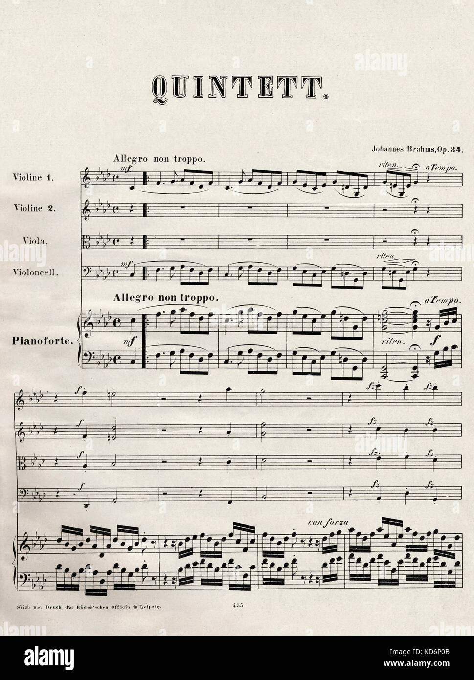 Johannes Brahms - Quintett für Klavier, zwei Violinen, Viola und Cello. Opus 34. Erste Seite. Deutsche Komponist, 7. Mai 1833 bis 3. April 1897. Stockfoto