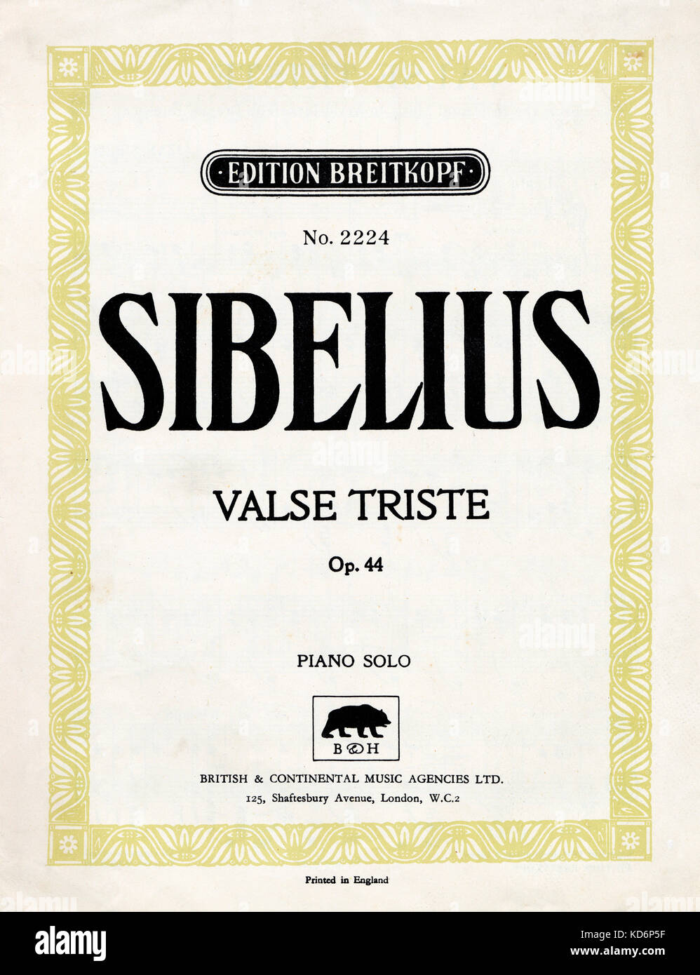 Ergebnis für Valse Triste von Jean (Johan) Sibelius - finnischen Komponisten und Geiger. Durch britische und kontinentale Musik Agenturen LTD, 1904 veröffentlicht. Edition Breitkopf. 8 Dezember 1865 - 20. September 1957 Stockfoto