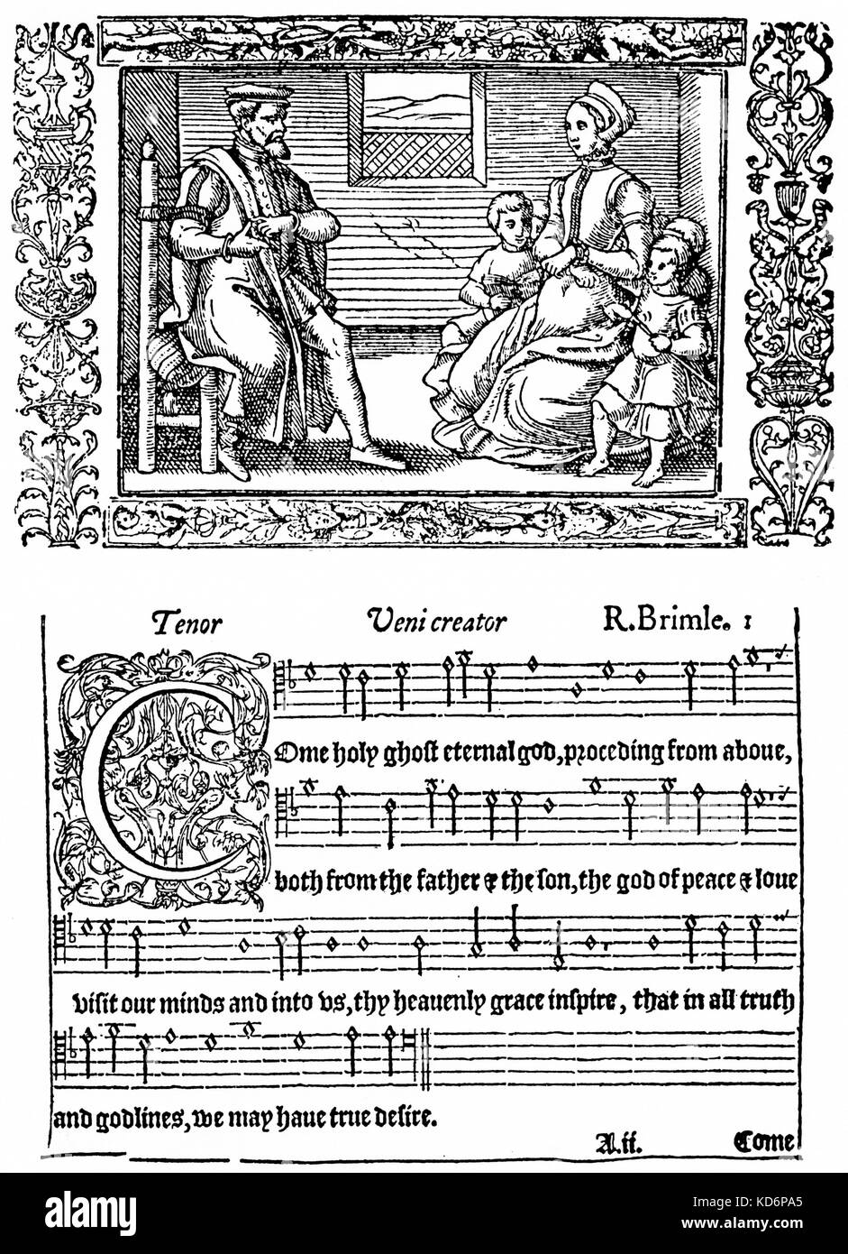 Der inländische Gesangsunterricht, 1563. Von John's Day" Die gesamte Psalmes in foure Partes". Der Vater ist Lehre seine Frau und seine Kinder, wie mit dem 'Guidonian Hand' zu singen, eine Methode, die verwendet die Hand als Karte, erfunden von Guido d'Arezzo (995-1050) im AD 1030. Stockfoto