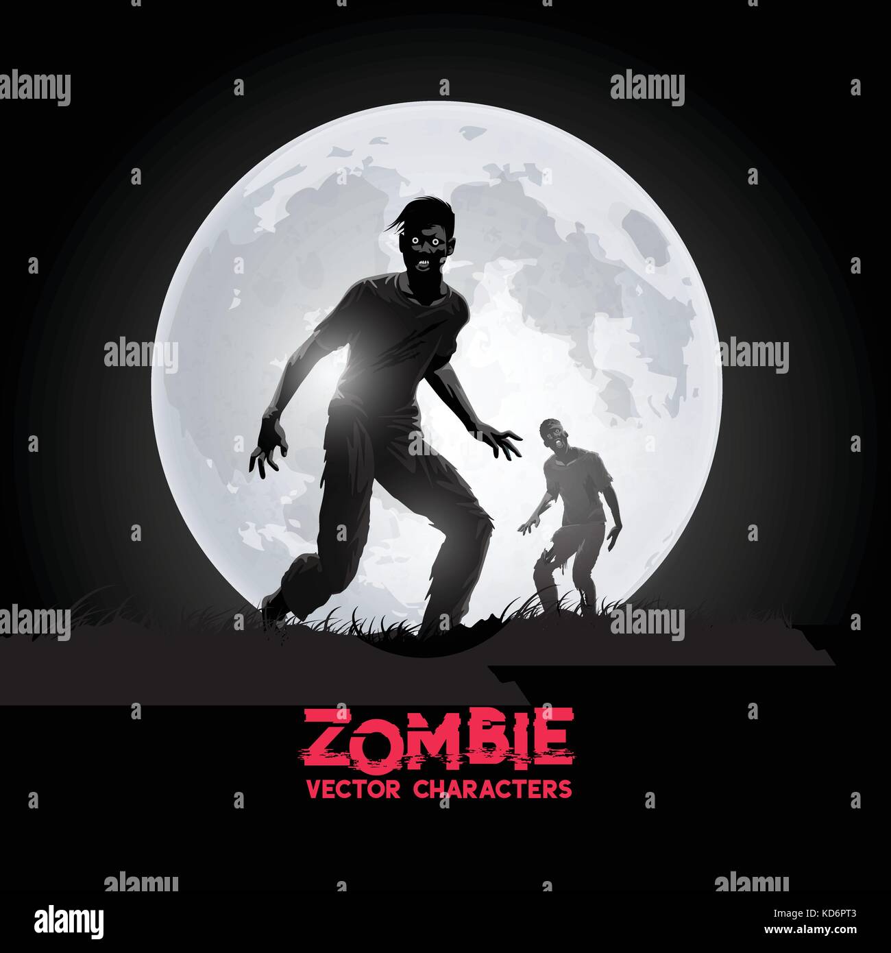 Ein Paar von verwestem Fleisch essen Zombies Silhouette gegen den aufgehenden Mond. Vector Illustration Stock Vektor