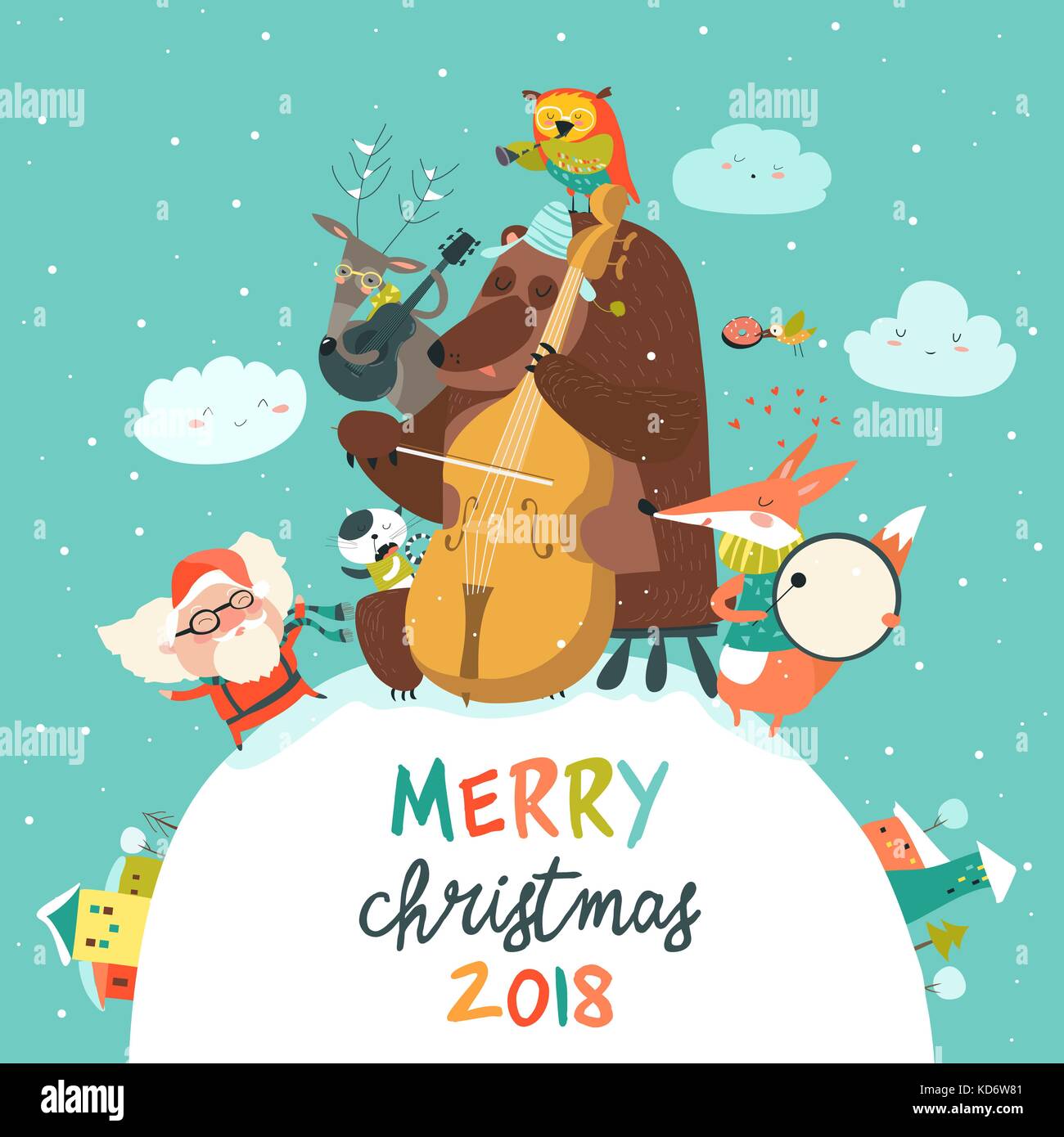 Susse Weihnachtskarte Mit Tieren Santa Und Musik Stock Vektorgrafik Alamy