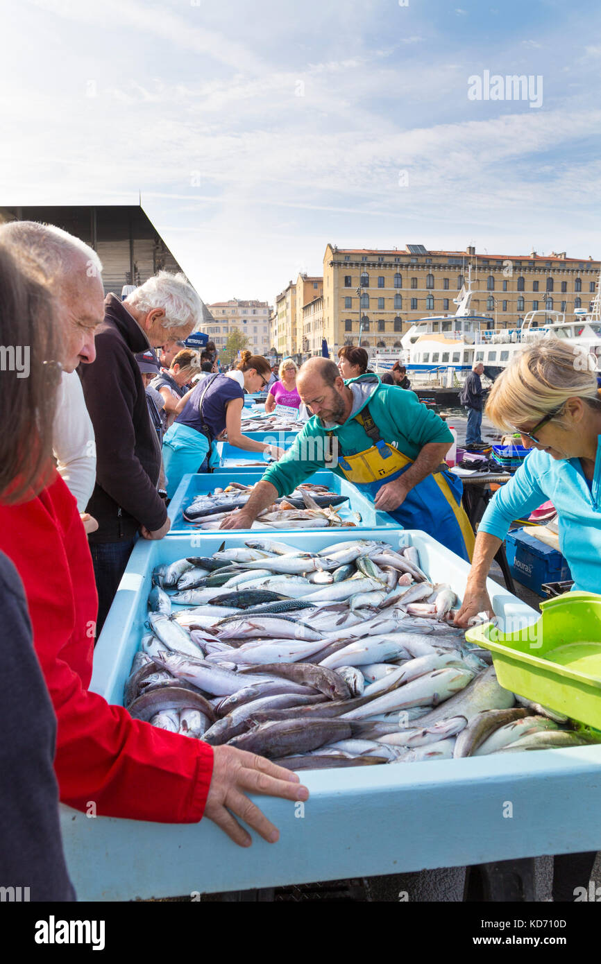 Fischmarkt am Vieux Teil (alter Hafen) in Marseille, Frankreich Stockfoto