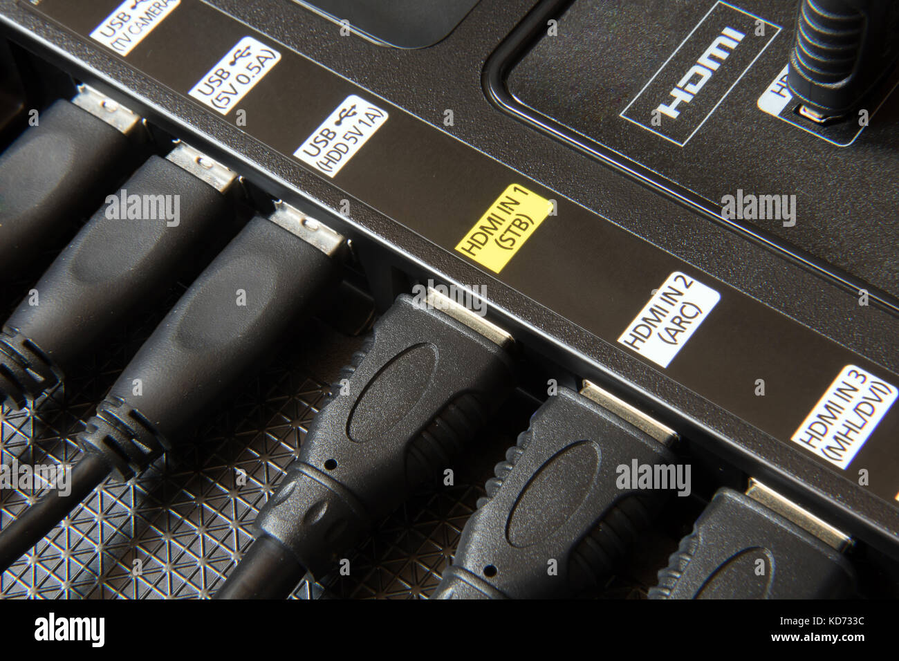 Auf der Rückseite des Fernsehgeräts mit den Anschlüssen der elektrischen Geräte. USB- und HDMI-Kabel an TV-Steckplätzen gesteckt. Stockfoto