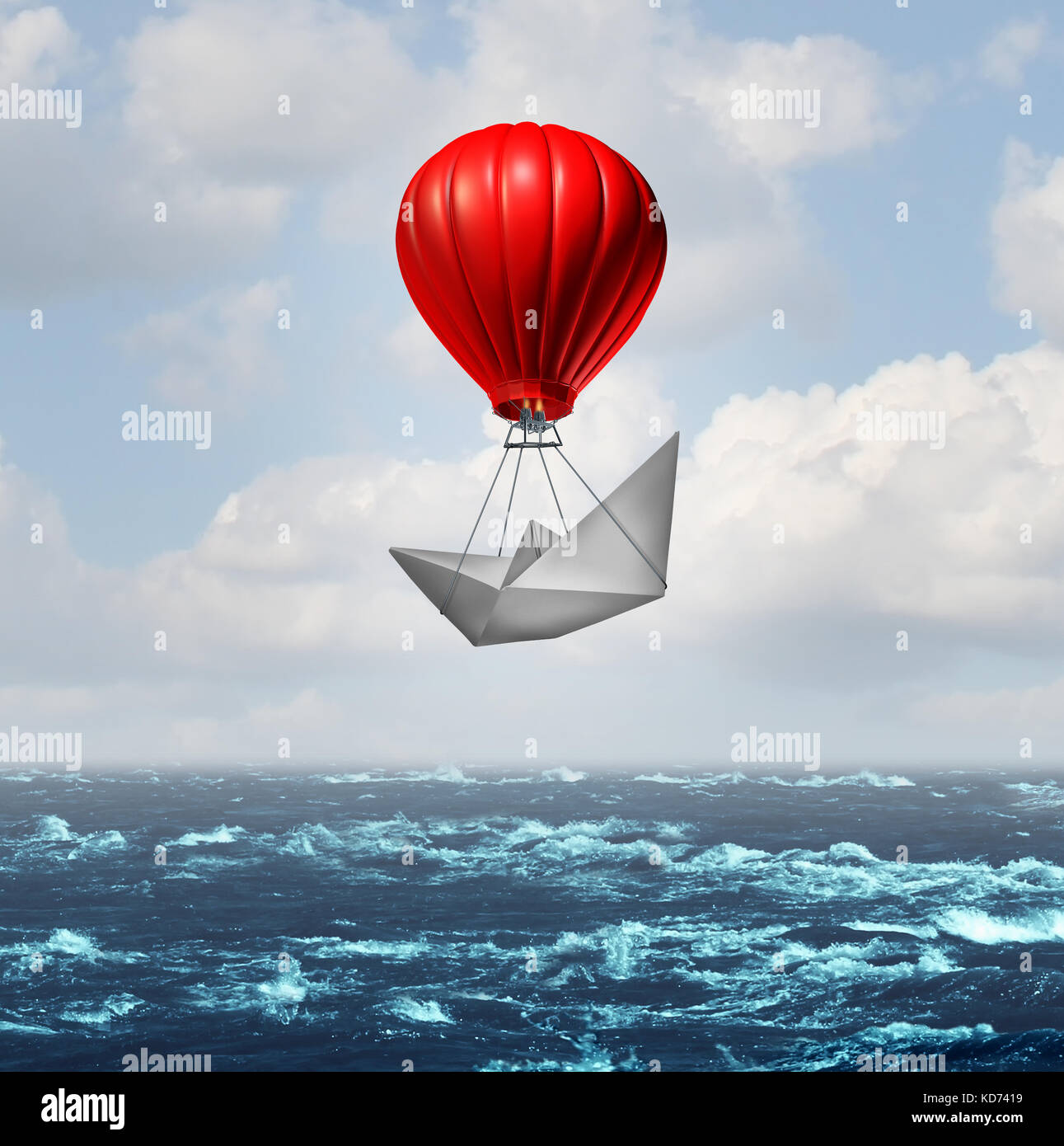 Vorteil Konzept und wettbewerbsfähiger Unternehmen Edge als Papier Boot von einem Heißluftballon racing Nach oben geben einen zusätzlichen Energieschub angehoben wird. Stockfoto
