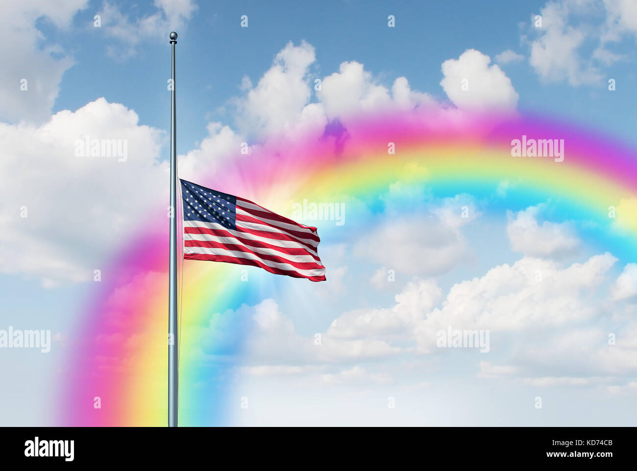 Halbmast amerikanische Flagge Hoffnung Regenbogen Konzept als Symbol der Vereinigten Staaten auf niedrigem Niveau fliegen auf dem Fahnenmast mit einer Sun Glow. Stockfoto