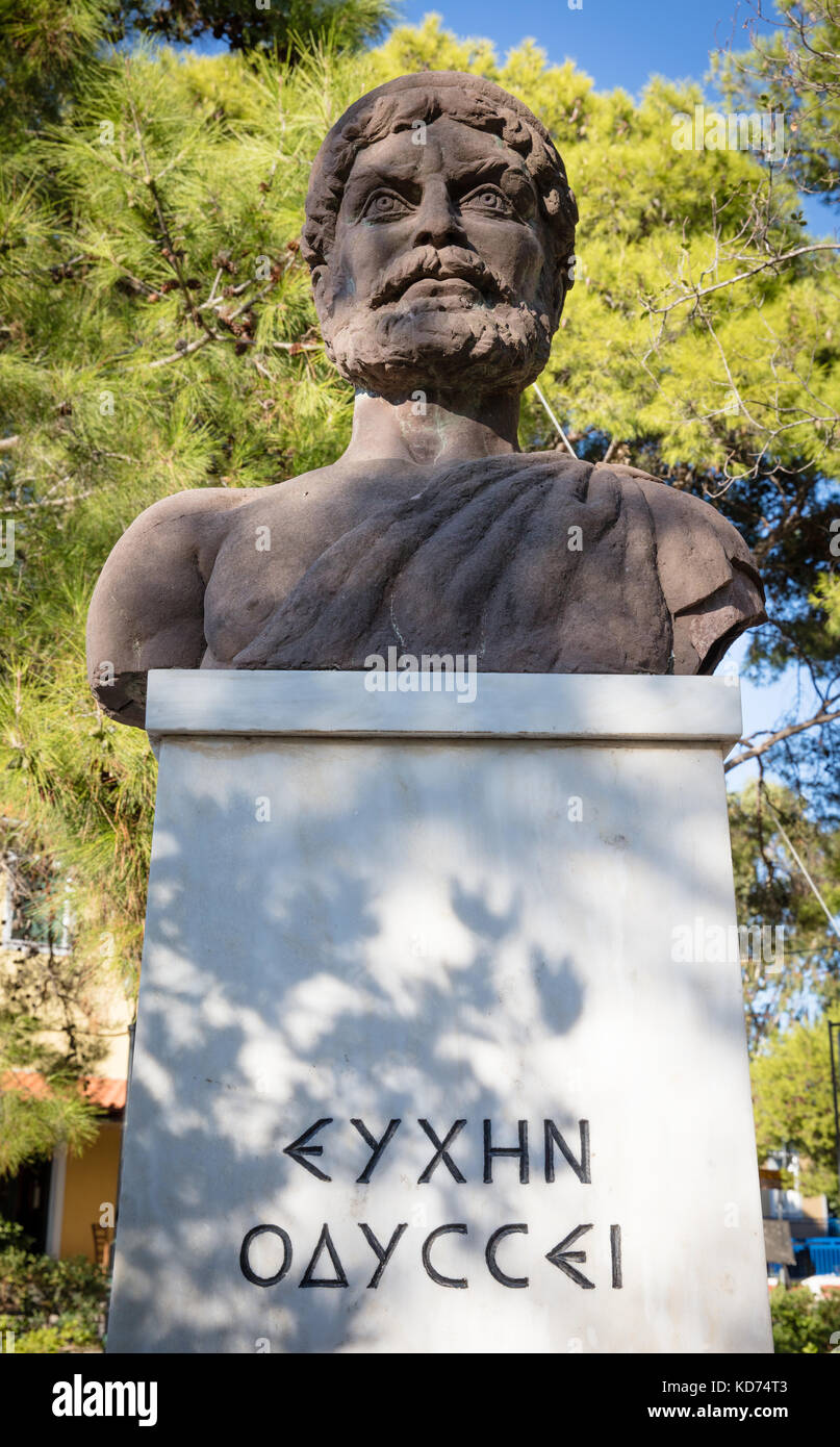 Skulptur von Odysseus auf dem Hauptplatz von Stavros auf der Insel Ithaka des Odysseus in Homers Epos - Griechenland Stockfoto