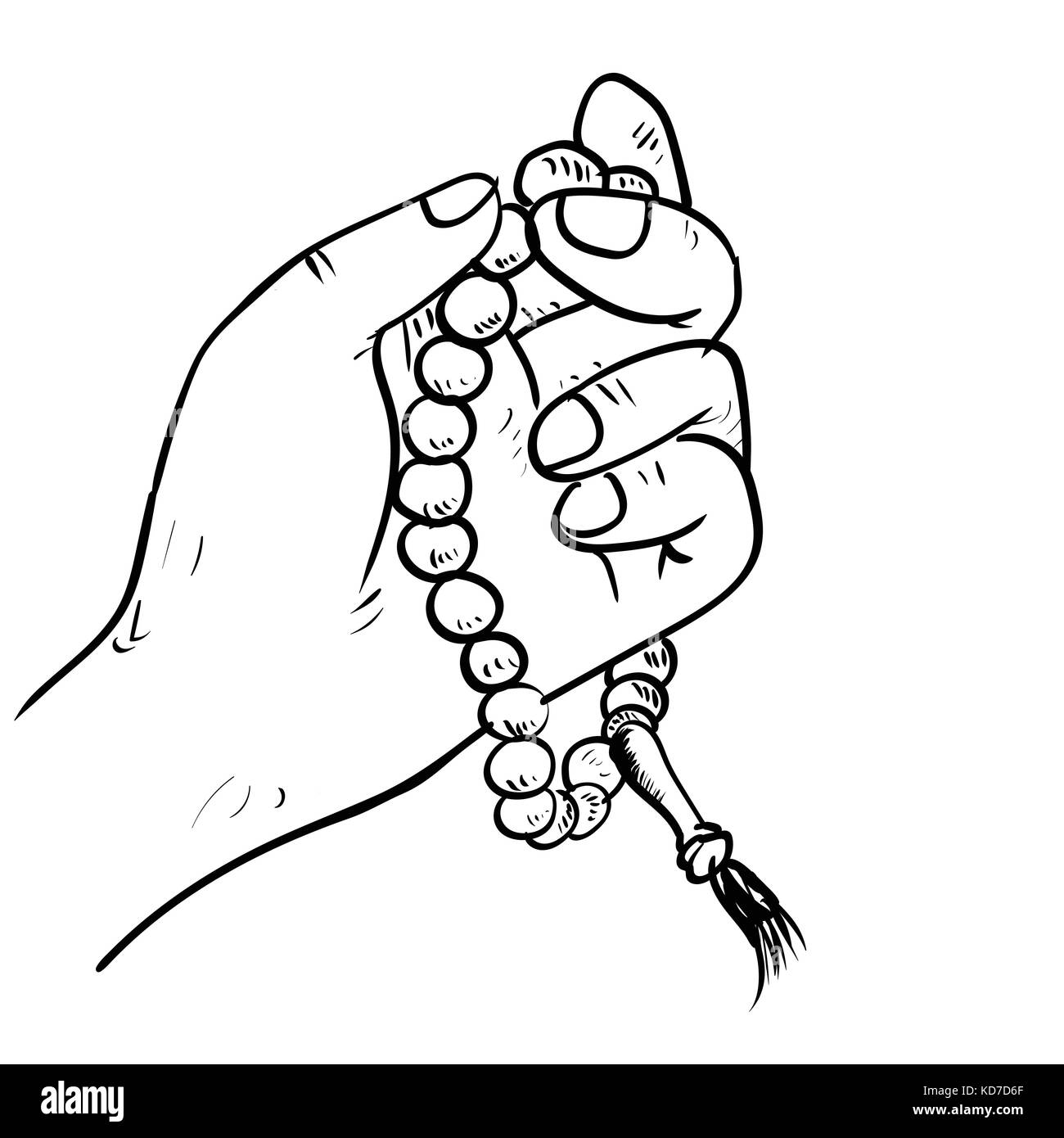 Hand Hand gezeichnet Holding islamischen Gebetsketten im Comic-stil auf weißem Hintergrund. Die Religion symbol Vektor Illustration. Stock Vektor