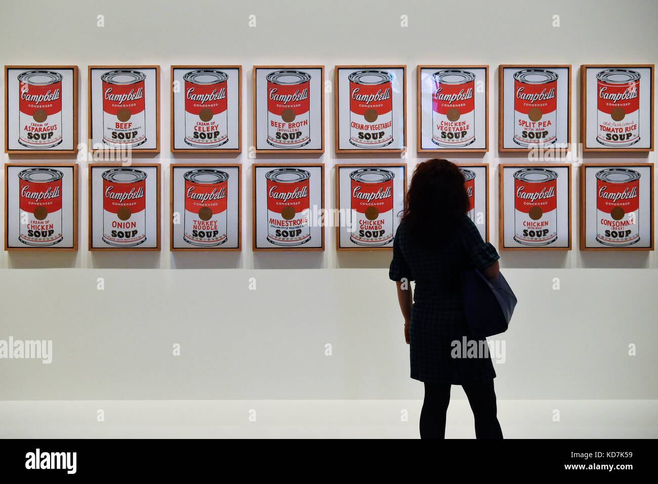 (171010) -- Paris, Oct. 10, 2017 (Xinhua) - Ein Besucher schaut's Andy Warhol Campbell Suppendosen während eines Media Vorschau für die Ausstellung "Moderne: Moma in Paris' an Stiftung Louis Vuitton in Paris, Frankreich, auf okt. 10, 2017. Das Museum der modernen kunst (MOMA) und Stiftung Louis Vuitton ist die erste umfassende Ausstellung in Frankreich des Moma Sammlung präsentieren zu halten. die Ausstellung "Modern sein: Moma in Paris' wird auf Ansicht für den öffentlichen werden auf Grundlage von Louis Vuitton okt. 11, 2017 - März 5, 2018. (Xinhua / chen yichen) Stockfoto
