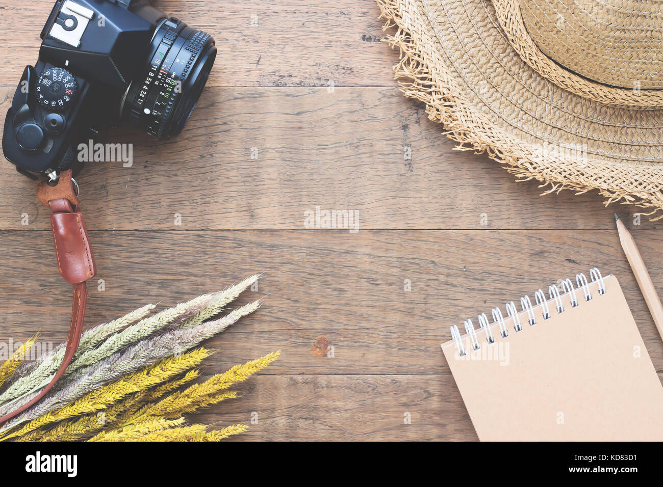 Kreative flach im Herbst Konzept mit getrockneten Blumen, Kamera, Strohhut und Notebook auf Holz Hintergrund Stockfoto