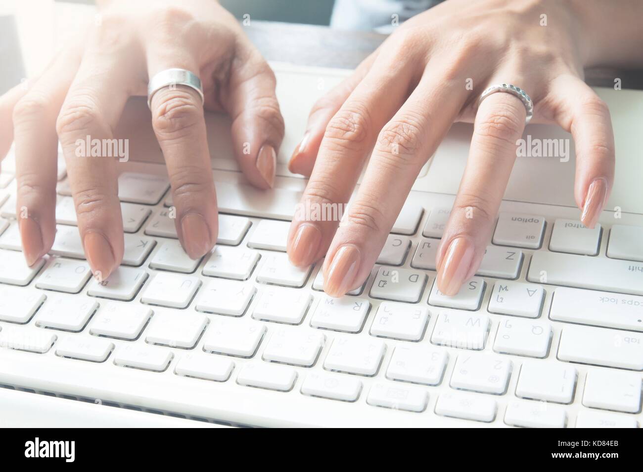 Nahaufnahme der weiblichen Tippen auf Laptop Tastatur, berufstätige Frau und Online Shopping Konzept, selektiver Fokus Stockfoto