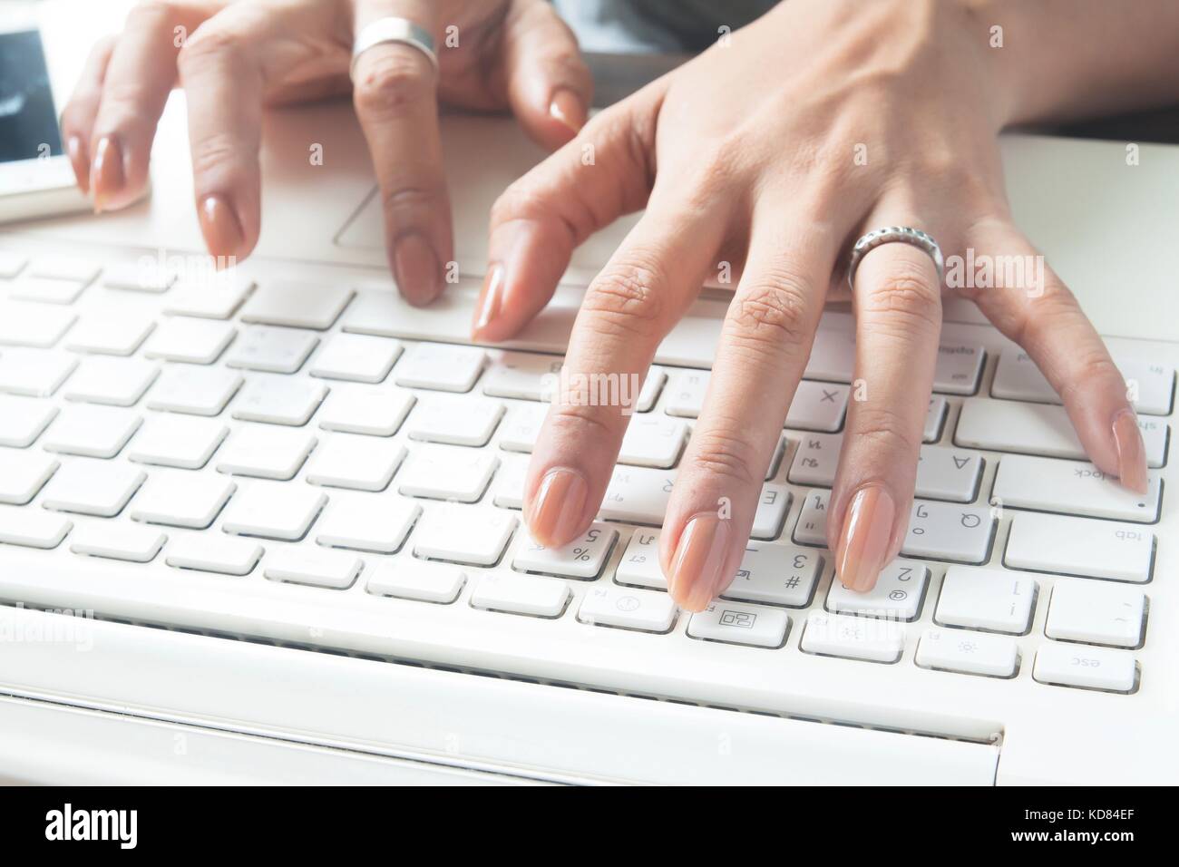 Nahaufnahme der Frau Hände schreiben auf Laptop Tastatur, berufstätige Frau, selektiver Fokus Stockfoto