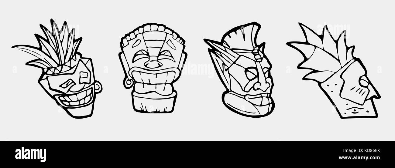 Hand gezeichnet Totem Gesicht, Statue, Idol polynesischen Symbolsatz. alten Stammes- Gott. Stockfoto