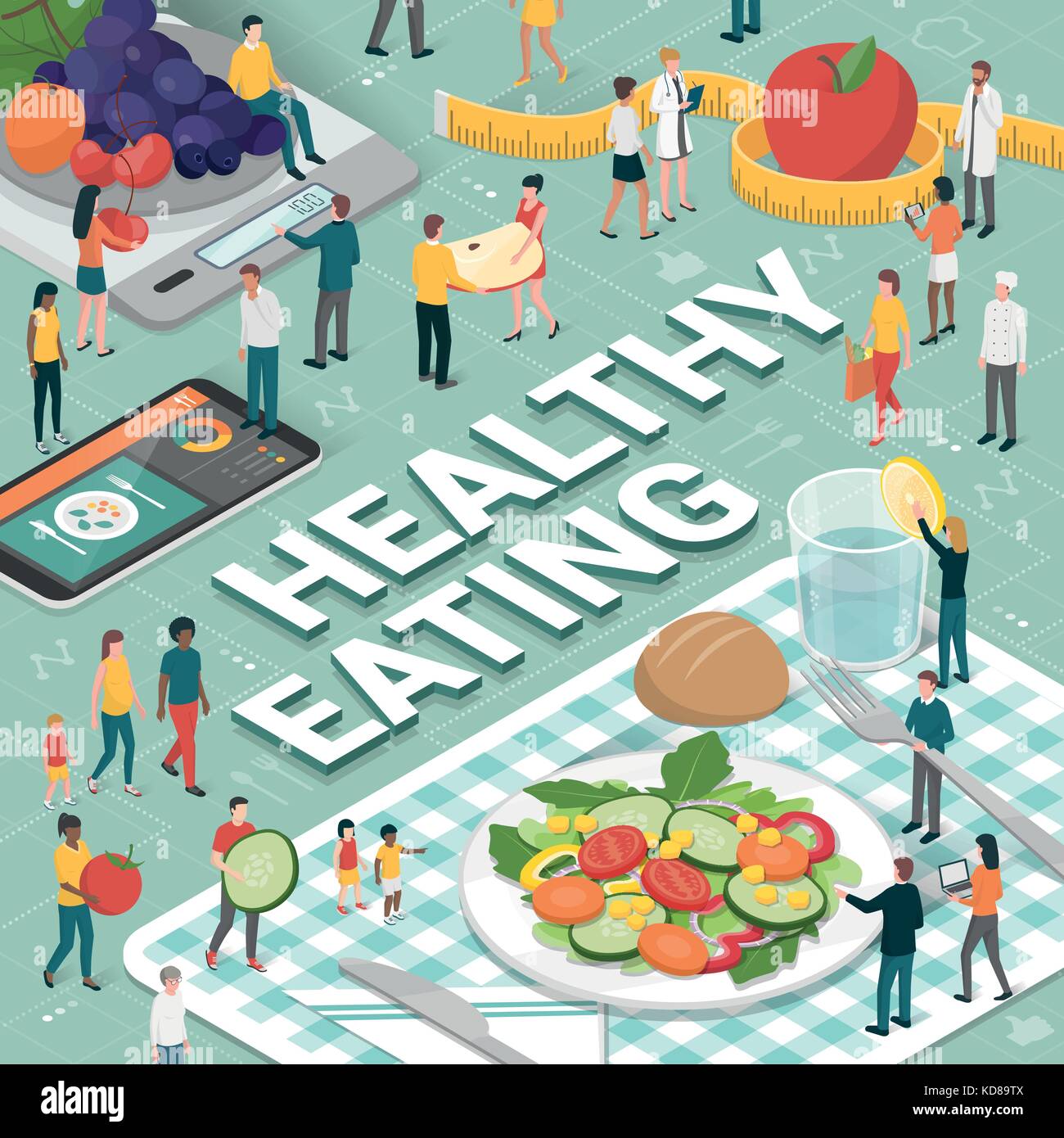 Gesunde Ernährung, Diät und Ernährung Konzept: Menschen zusammen vorbereiten und gesunde vegane Mahlzeit, Ernährungswissenschaftlern und Essen app Stock Vektor