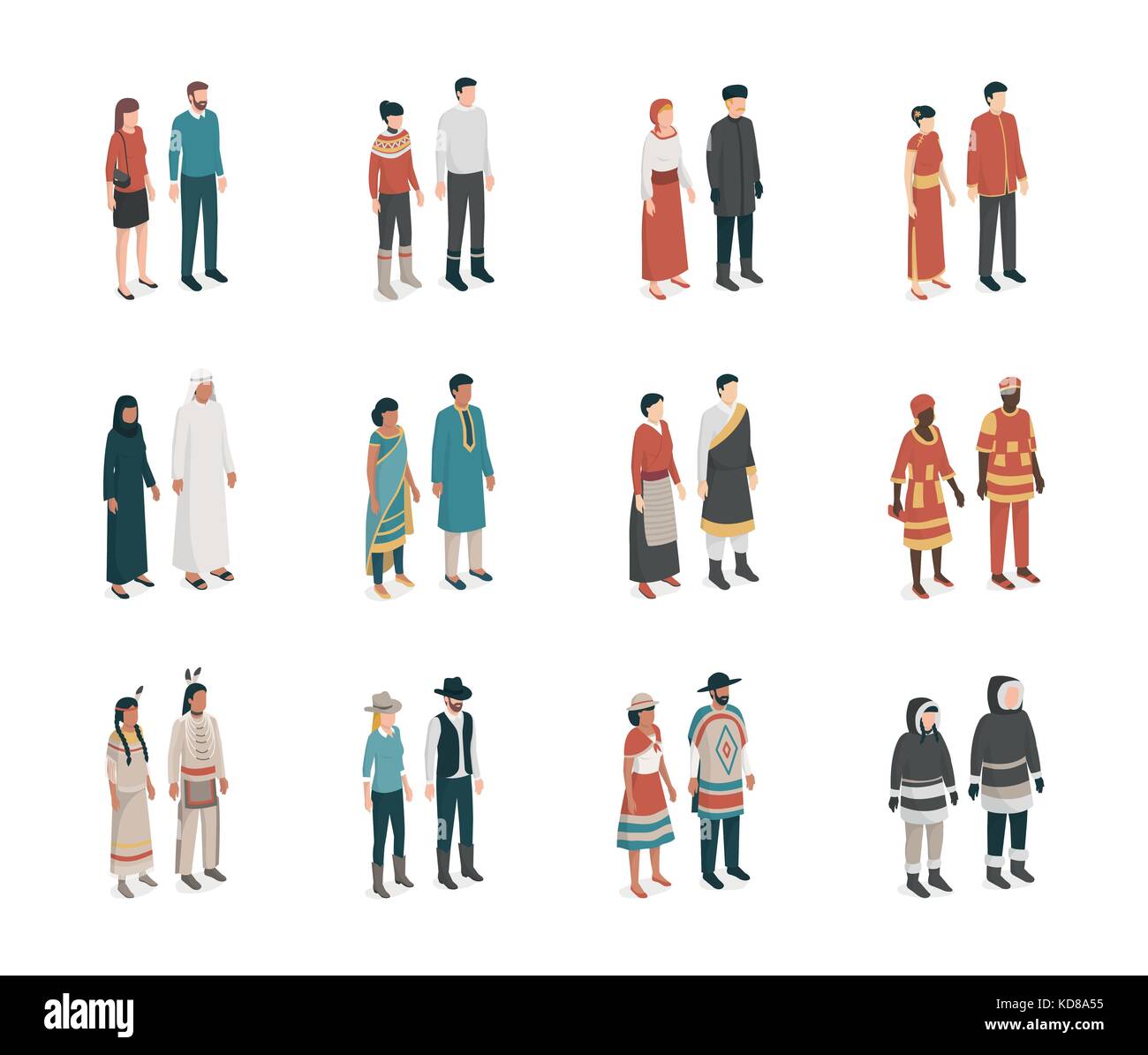 Menschen aus aller Welt mit traditionellen Kostümen, Gemeinschaft und Vielfalt Konzept Stock Vektor