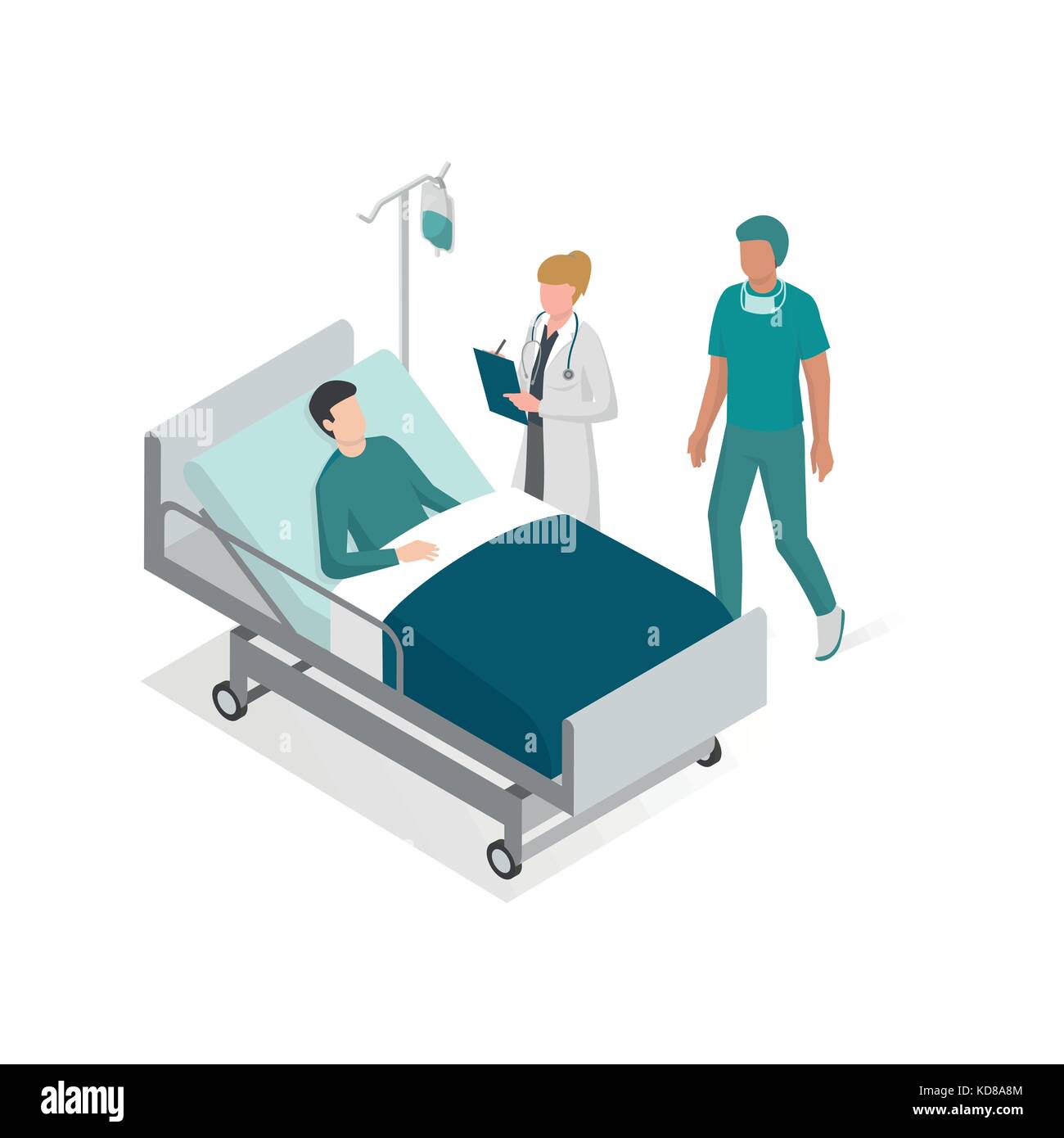 Operation und Krankenhausaufenthalt: Arzt und Chirurg kümmert sich um die Patientin auf das Bett im Krankenhaus Stock Vektor