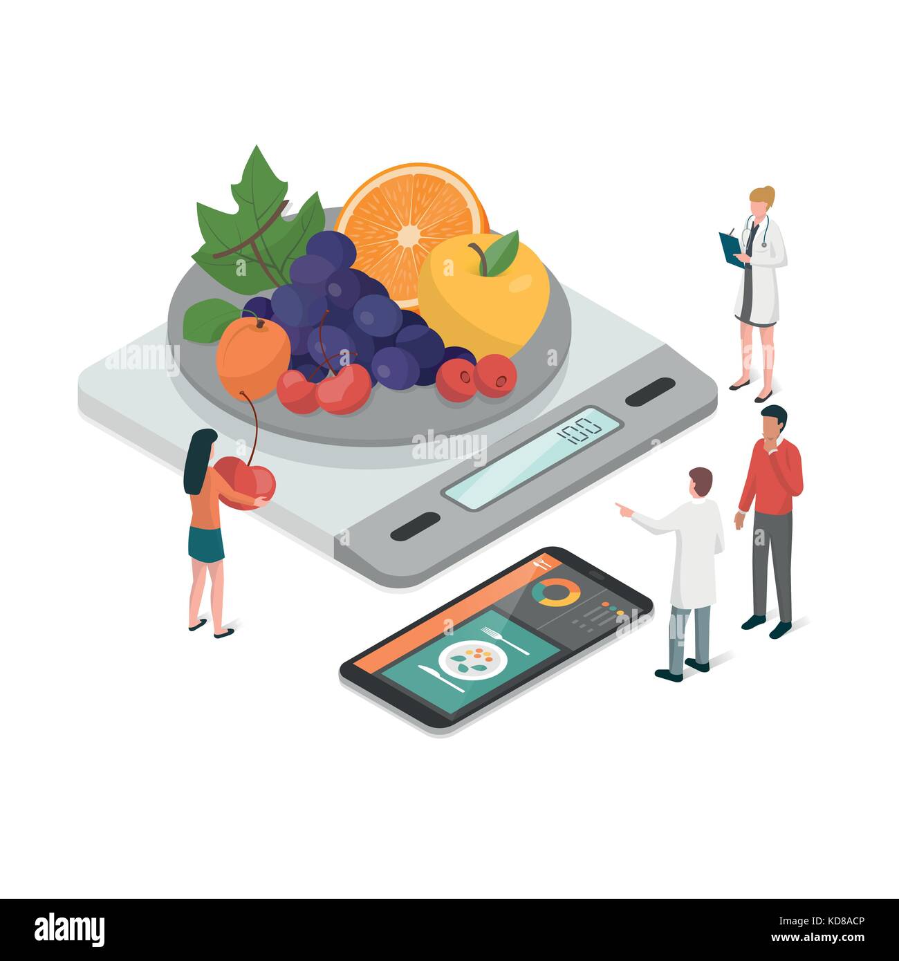 Ernährungswissenschaftler Planung eine Diät mit einem Maßband und einem Essen App auf dem Smartphone, Diät und Ernährung Konzept Stock Vektor