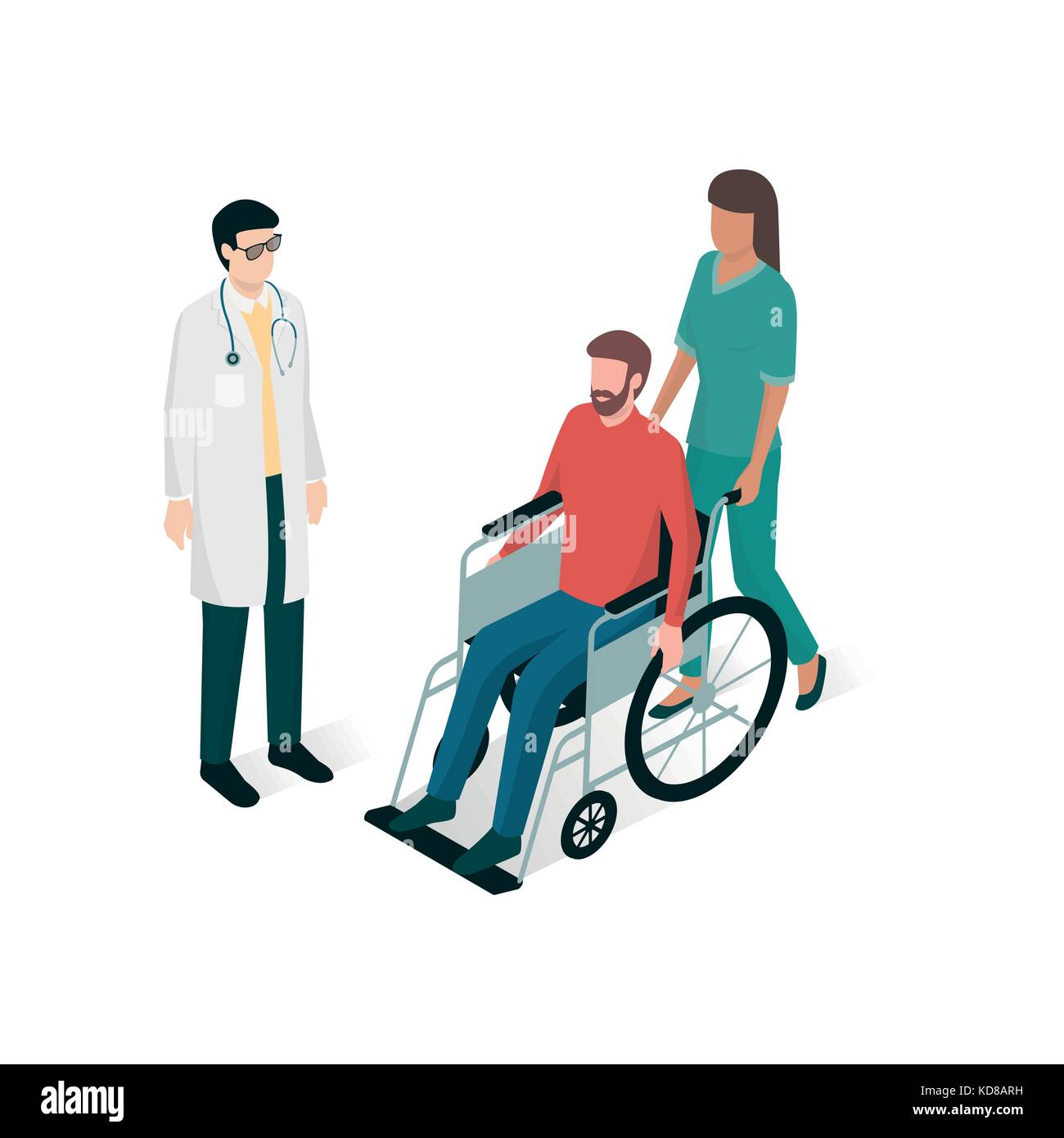 Arzt und Krankenschwester bei einem Mann auf Rollstuhl im Krankenhaus: Medizin und Gesundheitswesen Konzept Stock Vektor