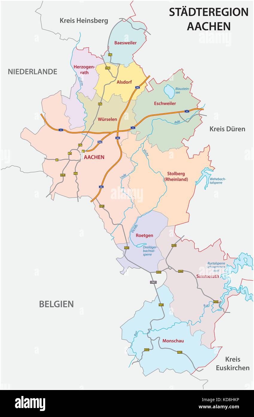 Administrative und politische Karte der Region Aachen in deutscher Sprache Stock Vektor