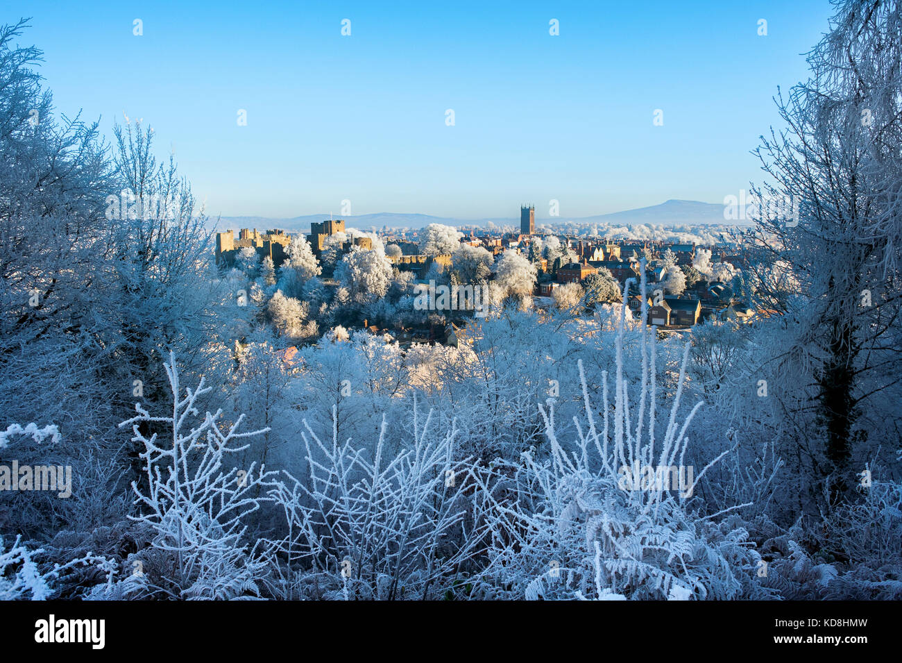 Ludlow Castle und St Laurence's Kirche bedeckt im Rauhreif von Whitcliffe, Shropshire, England, UK gesehen Stockfoto